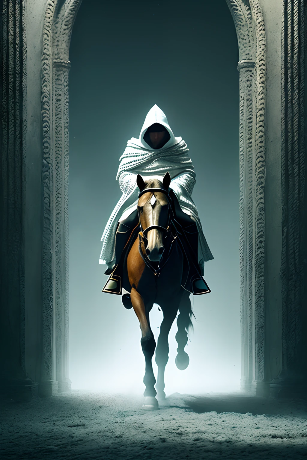 45 years old, masculino,  Dressed in a white robe and hood, Portrait of a warrior in chain mail on a white horse holding The highest detail, en el contexto de un bosque, perfect composition, beautiful detailed intricate insanely detailed octane render trending on artstation, 8 k artistic photography, Arte conceptual fotorrealista, soft natural volumetric cinematic perfect light, claroscuro, rewarded photography, Obra maestra, oil on canvas, Raphael, Caravaggio, Greg Rutkowski, Beeple, Beksinski, Giger
Eliminado de la imagen
, Desfigurado