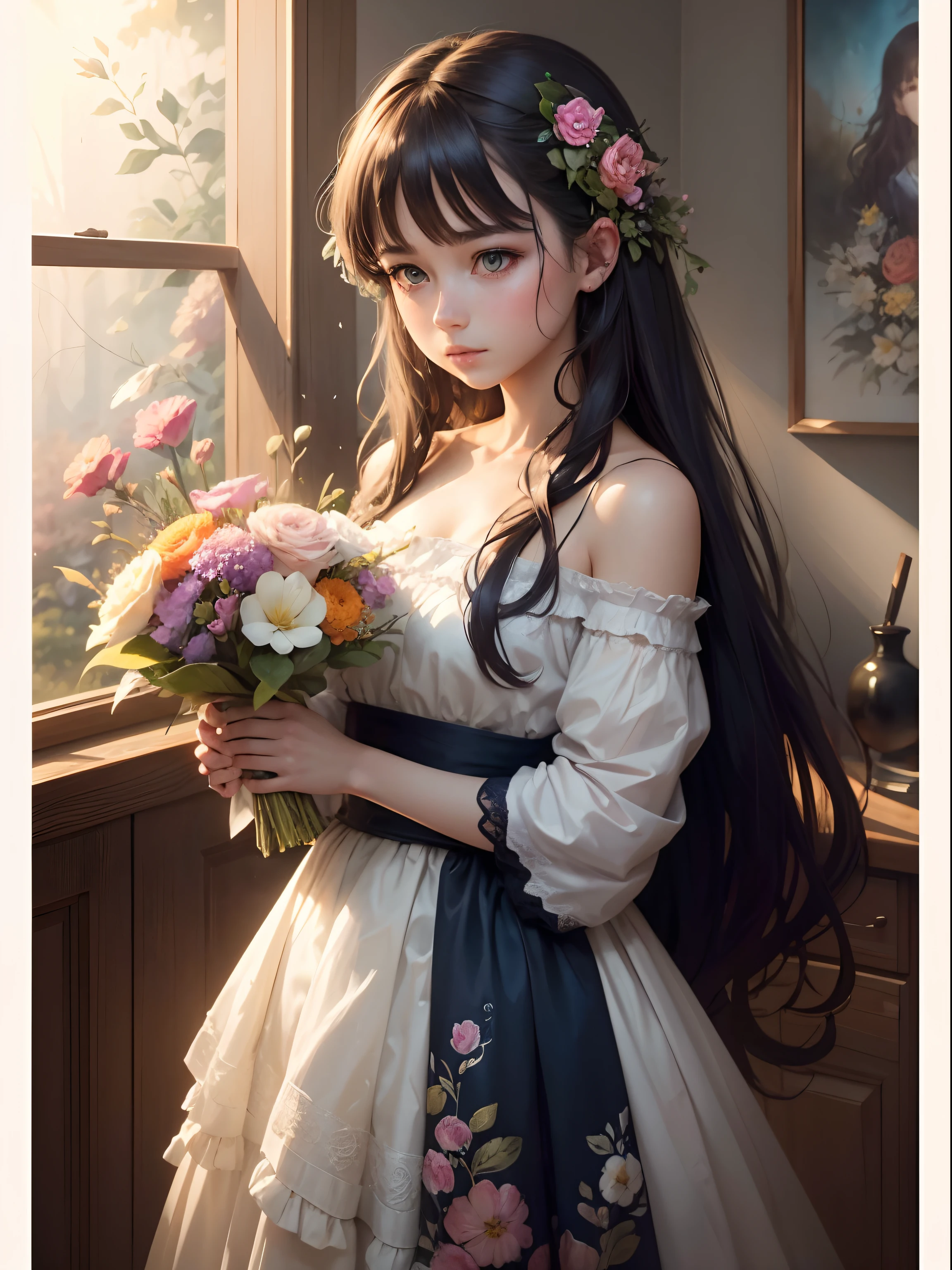 high quality, 8K Ultra HD, high detailed, Watercolor, wash technique, colorful, A painting with dripping and scattered paint, Painting like Agnes Cecile, blurry, pale touch, smudged outline, like a fairy tale, Beautiful woman made with flower colorage, expressing women using flowers and plants, cutting and combining petals and leaves, drawing women's hair and dresses using the colors and shapes of flowers, vivid colors and nature, luminism, three dimensional effect, enhanced beauty, Albert Anker, Feeling like John Howe, Greg Rutkowski, Feeling like Kyoto Animation, Artgerm, WLOP, Alphonse Beeple, luminism, Isometric, awesome full color,