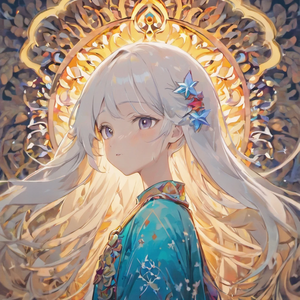 (White background:1.4),(Silhouette of a girl's head, Eyes closed, colorfull long hair, Oriental elements)，(Chinese illustration:1.3，paper art:1.3, Quilted paper art:1.2),( reasonable design, Clear lines, High sharpness,Best quality, Very detailed, Masterpiece, movie light effect, 4K )，Ocean blue eyes，The eyeballs are snowflakes，（largeeyes：1.5）
