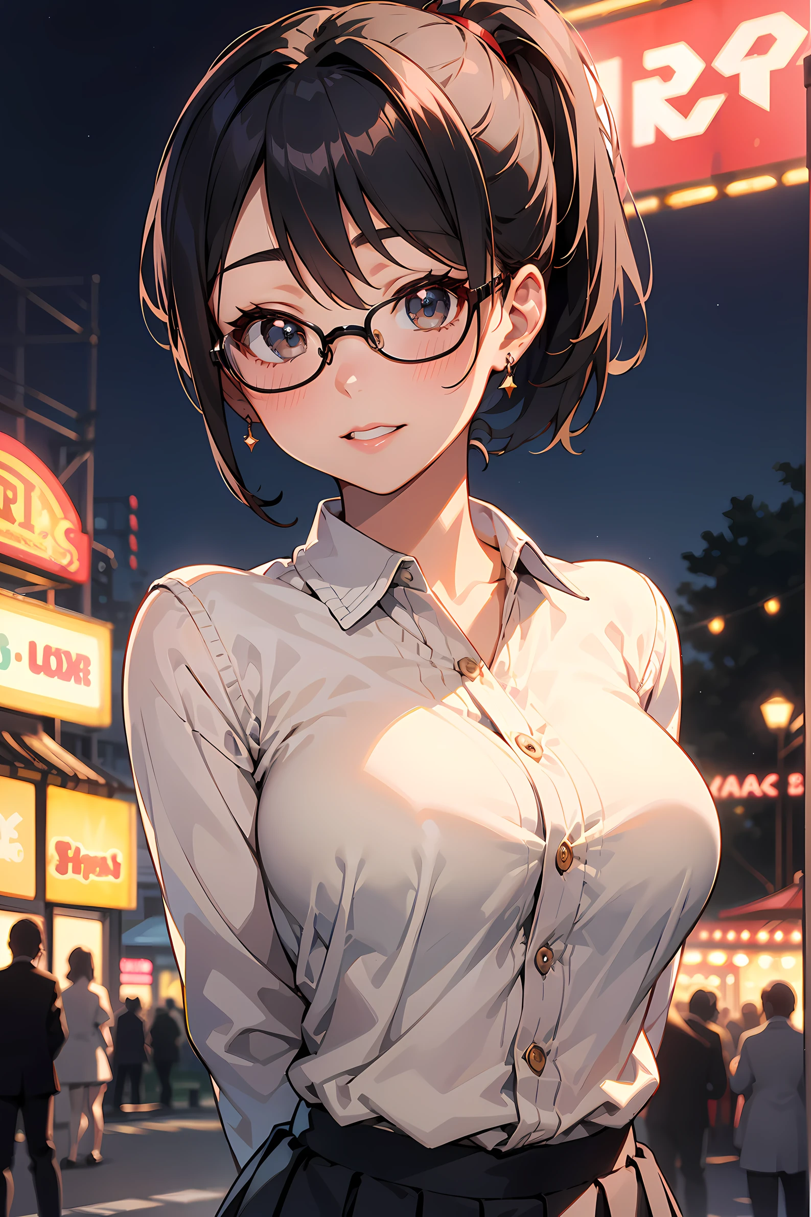 NSFW、1人の女性、brown haired(Curta)、Brown eyes、Black-rimmed glasses、masutepiece、 Best Quality、ultra-detailliert、8K resolution、Raw photo、seductive boobs:1.5、 gorgeous faces、Perfect body、27yo、Smile、