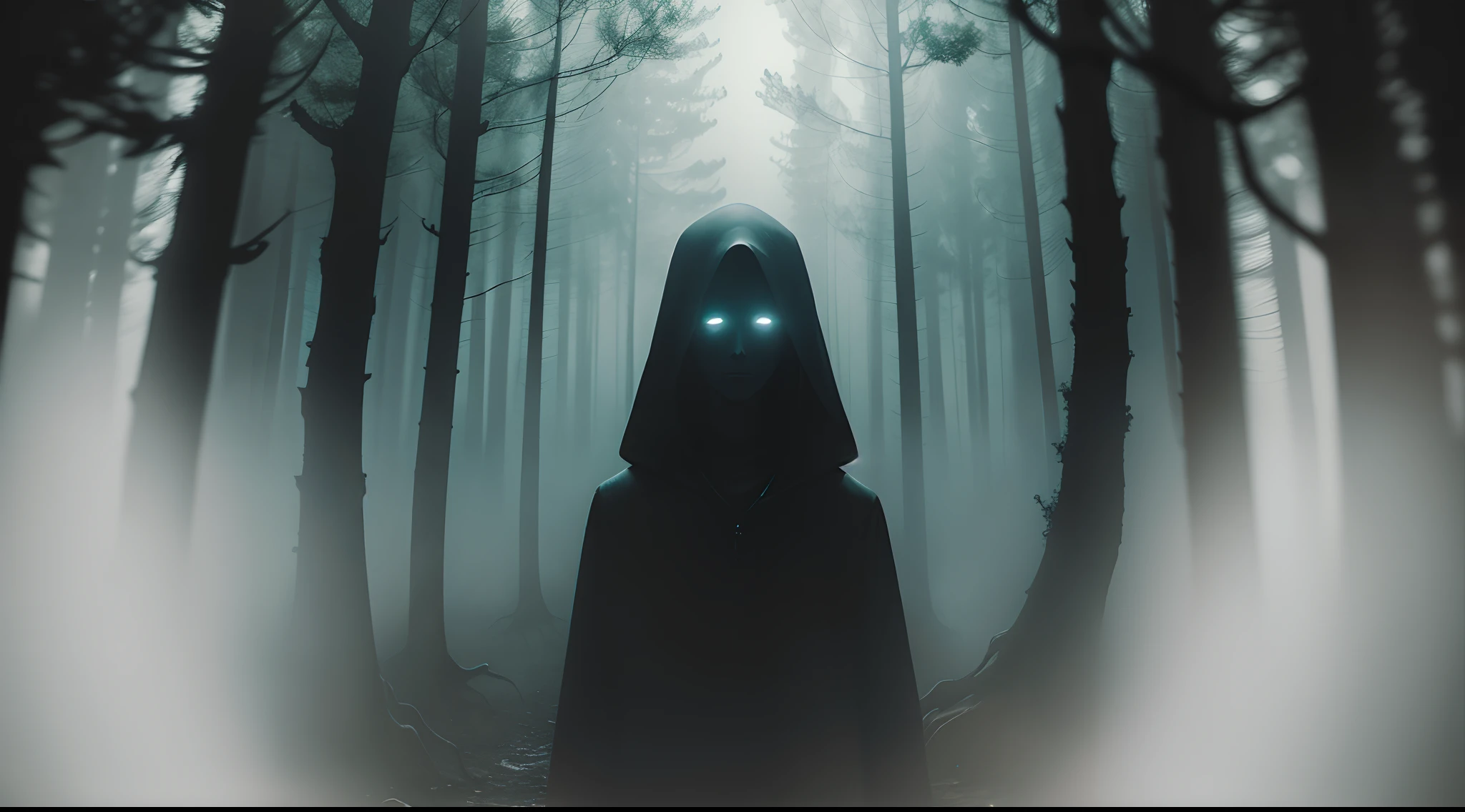 A chilling photorealistic image of a haunting apparition in a spooky forest. The scene takes place in an ancient and mysterious forest. The apparition appears as shadowy eyes and face, hovering strangely above the ground. Its unsettling presence leaves a feeling of discomfort and mystery. The lighting should be low, with the grainy quality of the camera adding to the suspenseful atmosphere. The shot should be a close-up, capturing the haunting details of the apparition and the eerie surroundings. camera lens: Fisheye for a distorted and unsettling perspective. resolution: Low resolution to increase the feeling of the unknown.