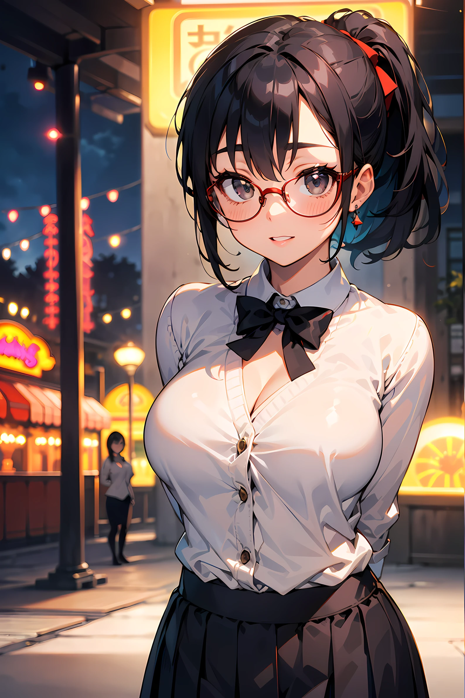high resolution, Photo of a beautiful woman detailed_face, young handsome girl,realistic:0.5, perfect skin, (wearing a glasses:1.5), (ultra-detailed background, detailed background), bokeh, make happy expressions, happy emotion, gorgeous,pure, beautyfull detailed face and eyes,breasts, (black eyes:1.1), (Audrey Hepburn:1.3), (a extremely pretty and beautiful Japanese woman), (sexy girl), (professional attire:1.3), (22 years old: 1.1), BREAK, (red rib sweater:1.2, long sleeve:1.2), (beige Pleated skirt:1.2), (leather boots))), cleavage, beautiful detailed skin, (cute:1.2), (blonde hair), ((jpop idol)), (upper thigh:0.6), (depth of field),soft light, Lens Glow looking at viewer, (Drooping eyes:1.2), straight teeth,smile, floating hair, (blond hair:1.2), brown eyes BREAK movie scene, cinematic, full colors, 4k, 8k, 16k, RAW photo, masterpiece, professionally color graded, professional photography, high school girl, hair up, , soft clean focus, realistic lighting and shading, (an extremely delicate and beautiful art)1.3, elegant,active angle,dynamism pose BREAK (ponytail:1.3), (shiny-black thin hair:1.2), bangs, dark brown eyes, beautiful eyes, princess eyes, (big eyes:1.3), bangs, wearing a glasses:1.3, Hair between eyes, short hair:1.3, (slender:1.1), (medium-breasts:0.95), (thin waist: 1.15), (detailed beautiful girl: 1.4), Parted lips, Red lips, full-make-up face, (shiny skin), ((Perfect Female Body)), (upper body image:1.3), Perfect Anatomy, Perfect Proportions, (most beautiful Korean actress face:1.3, extremely cute and beautiful Japanese actress face:1.3), ,(1glasses girl:1.3, solo), ,(blush:1.1), gray background, solo focus, (bust shot:1.2), cinematic light, (nostalgic night scene:1.4), (amusement park:1.4), the vibrant glow of neon lights, retro-styled carnival rides, (arms behind back :1.4), (looking at viewer:1.2
