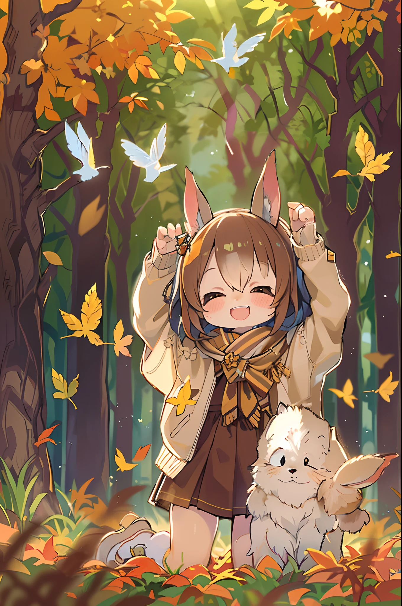 Beautiful Girl, (((((Small)))), face showing,, Short hair, brown, 8K, Professional Photography, Delicate, Clear, In the autumn forest, Sun, light  leaks, masutepiece, (Beautiful)))), Chibi, Smile, Fantastic, Rabbit ears, 年轻