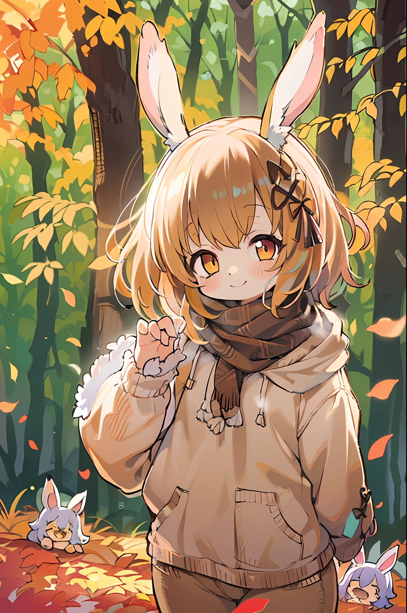 Beautiful Girl, (((((Small)))), face showing,, Short hair, brown, 8K, Professional Photography, Delicate, Clear, In the autumn forest, Sun, light leaks, masutepiece, (Beautiful)))), Chibi, Smile, Fantastic, Rabbit ears, 年轻