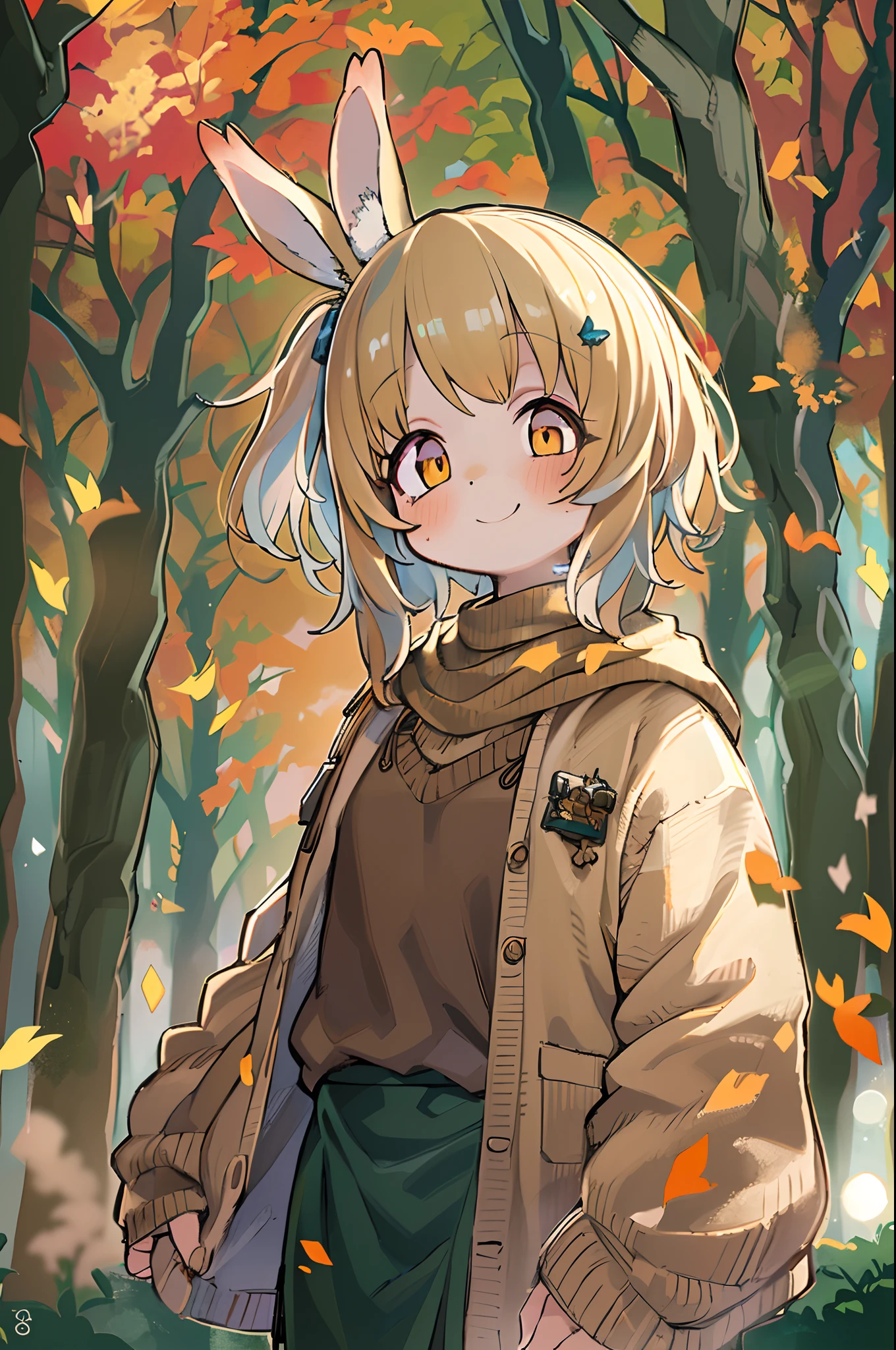 Beautiful Girl, (((((Small)))), face showing,, Short hair, brown, 8K, Professional Photography, Delicate, Clear, In the autumn forest, Sun, light leaks, masutepiece, (Beautiful)))), Chibi, Smile, Fantastic, Rabbit ears, 年轻