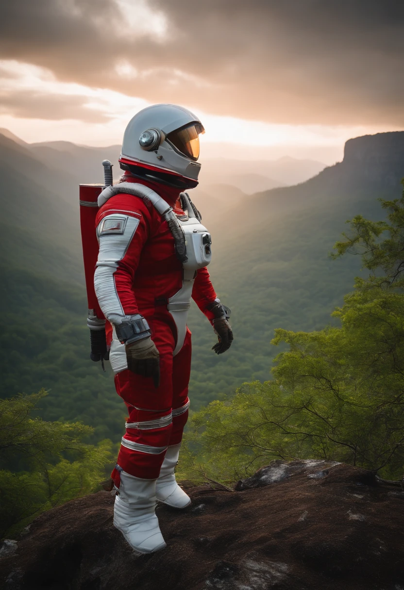 (35mmstyle:1.2), Highly detailed RAW color Photo, rear angle, full bodyesbian, af (Female space marine, Wearing a white and red spacesuit, futuristic helmet, Tin plated mask, Rebreathers, accentuated booty), Outdoors, (Stand on the cliffs of the tall Rocky Mountains, Gaze out over the magical lush green rainforest on an alien planet), vivd details, (Exotic alien planet), Toned body, big assa, (Sci-fi), (Mountains:1.1), (lush green vegetation), (two moons in sky:0.8), (Highly detailed, ultra - detailed, Intricate), (Lens flare:0.7), (full bloom:0.7), particle fx, Ray traching, Cinematic lighting, Shallow depth of field, photographed on a Sony a9 II, 35mm wide angle lens, Sharp focus, 《Gravity 2013》cinematic Film still from, Watching from behind, Dynamic Angle