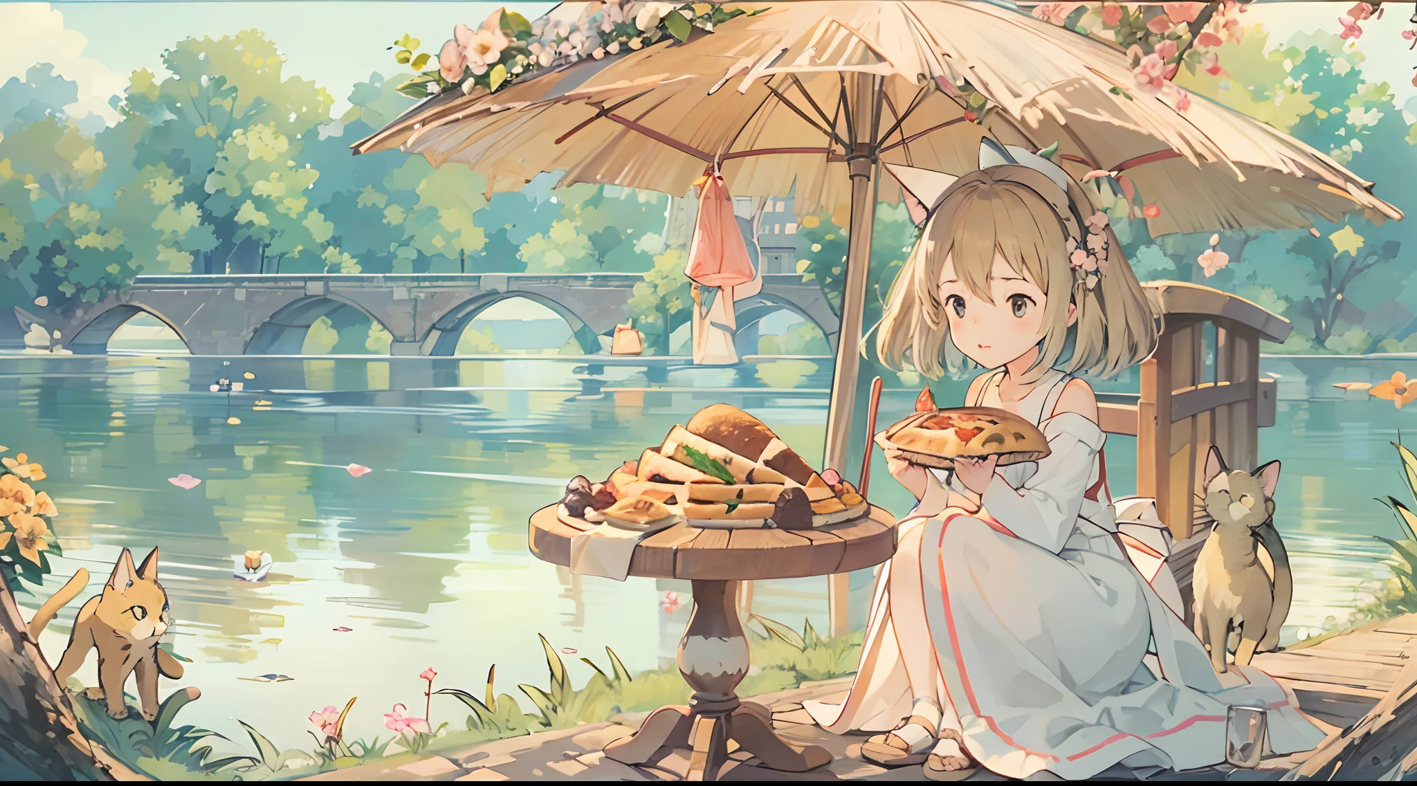 (Studio Ghibli style 1.3)(Ghibli Multi-Element Tone 1.3)A ,By the lake in the forest,Kittens are by your side,flower sea,having picnic,There are vegetables,the fruits,pizza,Extreme light and shadow,Aurora chase,Extreme ambient light,The ultimate lake reflection,heal,bright sun,(and its delicate facial features1.3)(and its delicate eyes1.3)(Ultra-wide angle shooting1.2)tmasterpiece,Cinematic lighting effects