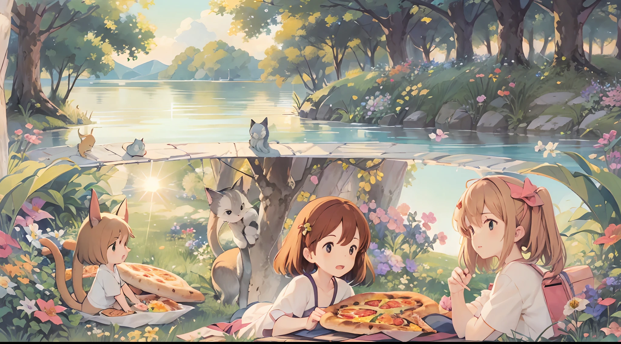 (Studio Ghibli style 1.3)(Ghibli Multi-Element Tone 1.3)A -yeld giBy the lake in the forest,Kittens are by your side,flower sea,having picnic,There are vegetables,the fruits,pizza,Extreme light and shadow,Aurora chase,Extreme ambient light,The ultimate lake reflection,heal,bright sun,(and its delicate facial features1.3)(and its delicate eyes1.3)(Ultra-wide angle shooting1.2)tmasterpiece,Cinematic lighting effects