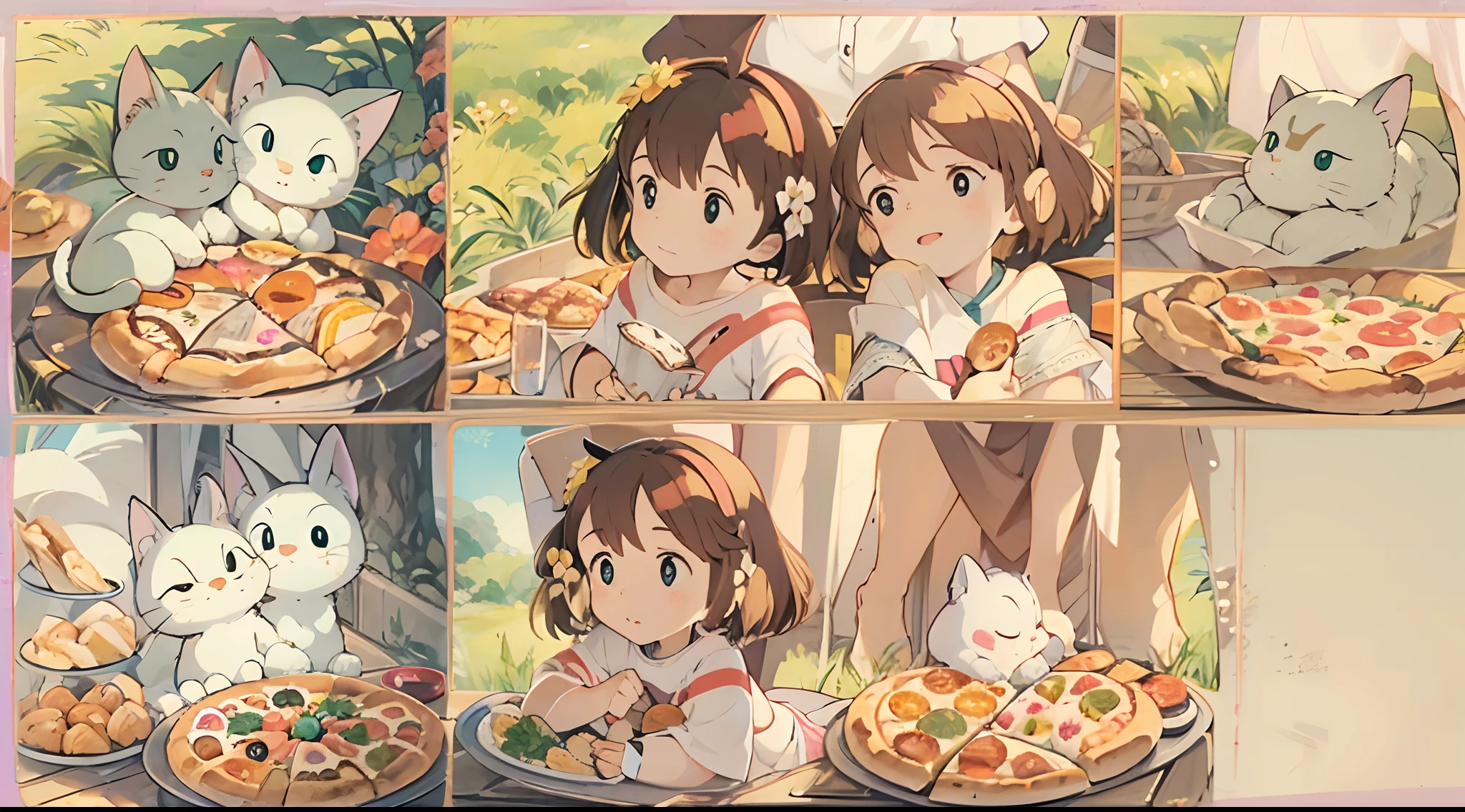 (Studio Ghibli style 1.3)(Ghibli Multi-Element Tone 1.3)A 13-year-old girl,By the lake in the forest,Kittens are by your side,flower sea,having picnic,There are vegetables,the fruits,pizza,Extreme light and shadow,Aurora chase,Extreme ambient light,The ultimate lake reflection,heal,bright sun,(and its delicate facial features1.3)(and its delicate eyes1.3)(Ultra-wide angle shooting1.2)tmasterpiece,Cinematic lighting effects