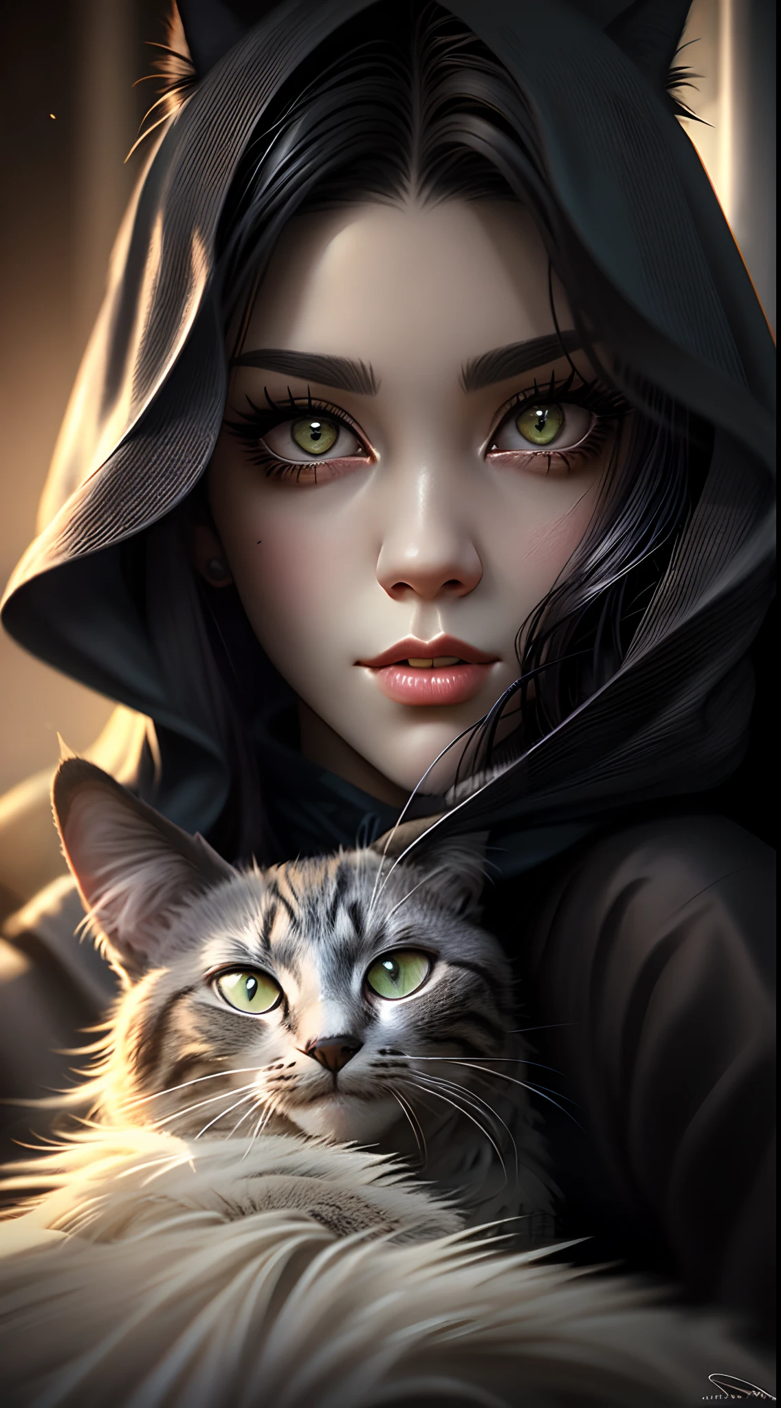 Mulher arafed com cabelo preto longo segurando um gato preto, mulher e gato, Woman / cat hybrid, cabelos pretos e olhos grandes, gatinha jovem bonita, menina gato atraente, gato preto, cara bonito. fantasia sombria, arte realista, retrato de alta qualidade, beautiful portrait, arte digital ultra realista, gatos pretos, mulher linda, Por Irakli Nadar