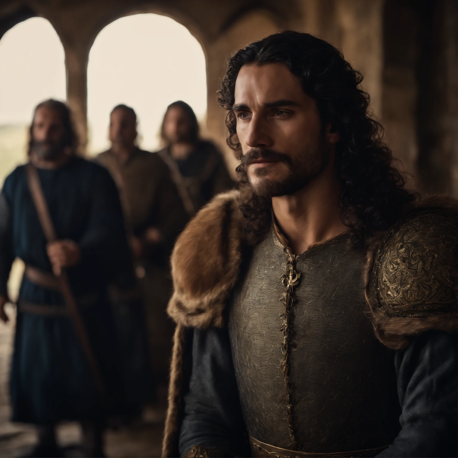 Homem Rei medieval, french, cabelo loiro ondulado, coroa de ouro