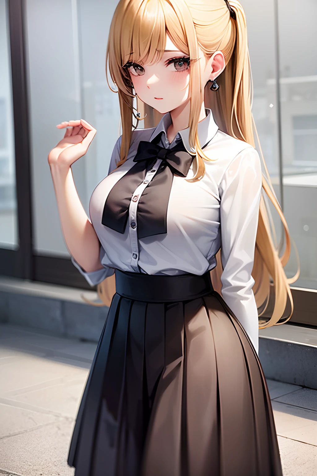 1 girl, solo, masterpiece, sunlight,polo shirt, pleated skirt,outside, large breasts,black eyes, blonde haired, open hairstyle, fancy round earings,fancy shirt, designer shirt.