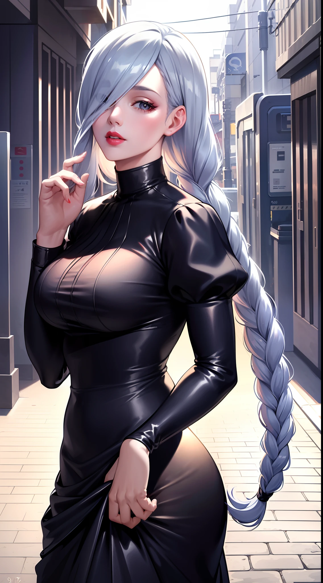 ultra realistic 8k cg, masterpiece, ((ultra detailed background, delicate pattern, intricate detail)), (highly detailed, fine details), best quality, 1girl, (photorealistic:1.4),beautiful lighting, absurdres, RAW photo, film grain, ((medium breasts, slim girl)), 1girl, MeiMei, solo, long hair, braid, dress, hair over one eye, smile, long sleeves, braided bangs, black dress, braided ponytail, white hair, puffy sleeves, holding, turtleneck dress, makeup, grey hair, red lips, one eye covered, lipstick, parted lips, single braid, (complex detailed background, outside, urban environment, cowboy shot, showing ass),