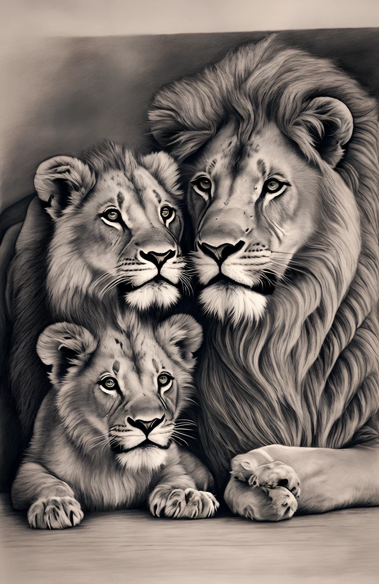 a drawing of a lion and a lion cub on a paper, realism tattoo drawing, realism tattoo sketch, realism tattoo design, realistic sketch, wildlife drawing, ✏️🎨, realism drawing, realistic black and white, high quality sketch art, high detailed drawing, lioness, beautiful and realistic, queen of the jungle, lion with crown, hyper - realistic tattoo sketch