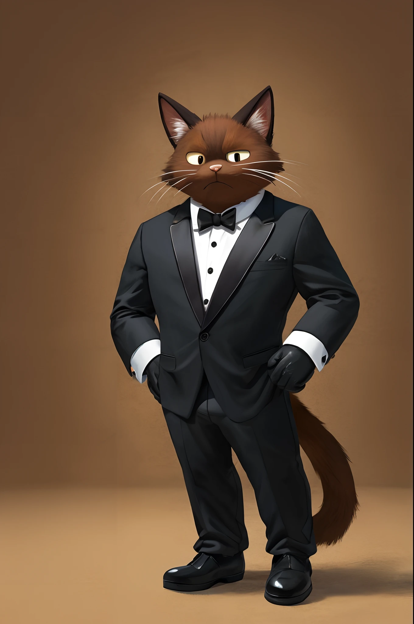 masterpiece, best quality, highres, 1male, solo, brown cat man, furry, black business suit, expressionless, white formal gloves,