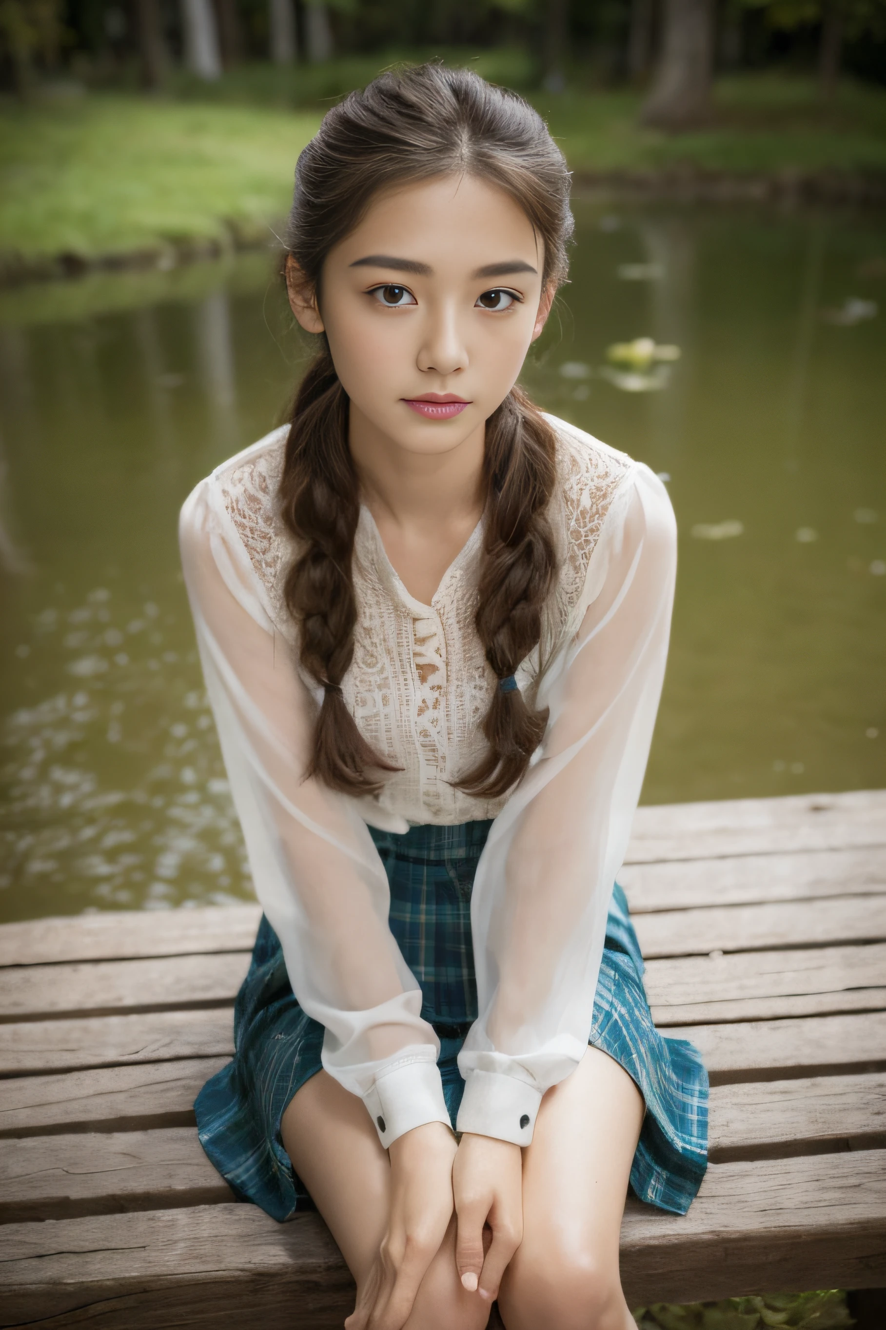 (((​masterpiece))), top-quality, Extremely detailed, Detailed background, 
bird's eye view, 18mm wide lens, long shot, A bench by a quiet lake in the forest, sitting, Very beautiful girl, japanese, ,  Detailed face, (Full body:1.3), (random hairstyles :1.2), (Young Face), (Perfect body:1.1), blouse, skirt, autumn, in 8K, Wallpaper, amazing, finely detail, Ultra-detailed, 超A high resolution, Extremely detailed, Pure erotic face, extremely detailed eye and face, Beautiful detailed eyes, highly detailed skin, No makeup, (Natural Skin),