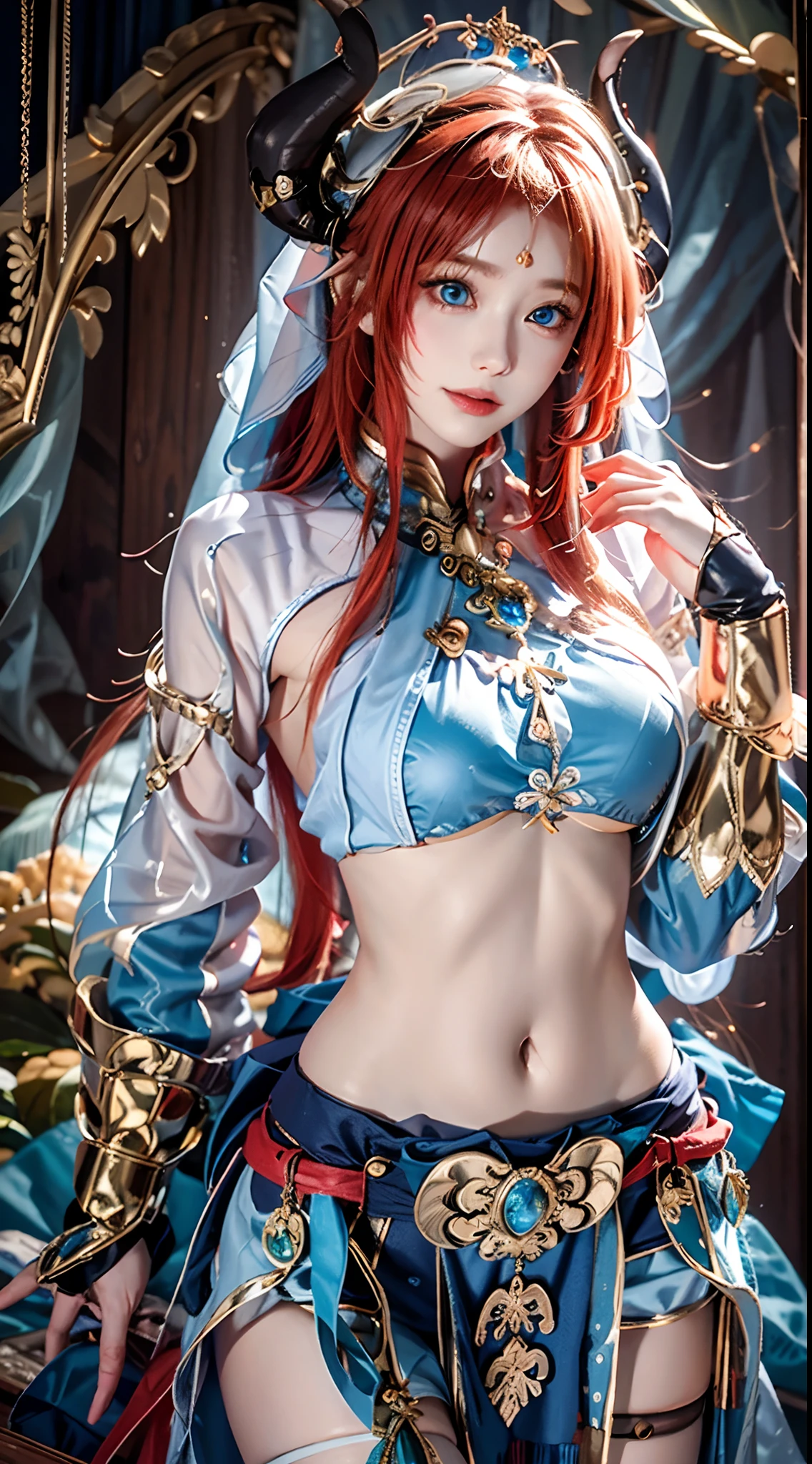 ((ultra realisitic)), ((picture-perfect)), ((face perfect)), ((ultra detaild)), ((fully body)), ((perfectbody)),uma garota de longos Red hair e gold eyes usando um uniforme posando, magic gym girl, ((gold eyes)), ((Red hair)), ((blue and black and white uniform))