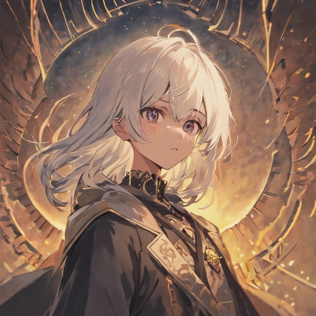 Boy with black hair and white hair,The hair hangs almost down to the neck,Wearing a half-dead mask,Stand at the intersection of light and darkness:HD graphics,holy paladin,Holy Grail War,tarot。