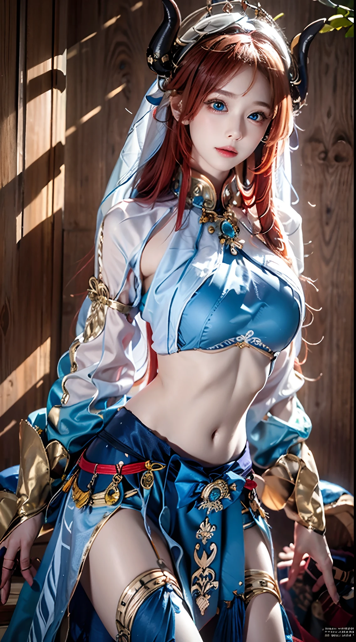 photorealistic, high resolution, soft lights, 1women, solo, hips up, look at viewer, (detailed face), blue eyes, (navel), (red long hair, twin tails, skirt, crop top, long sleeves)