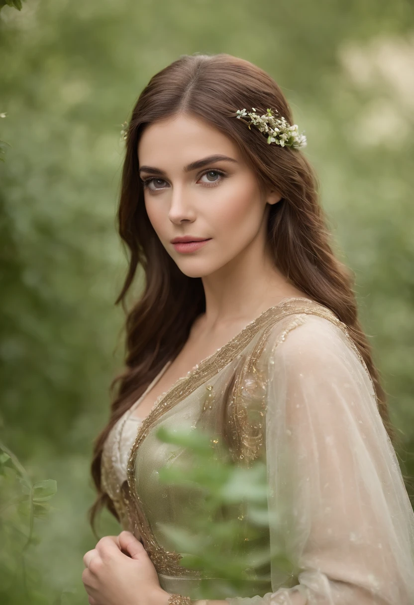 Tez justa, mulher em torno de 18 anos, longos cabelos loiros naturais, olhos verdes esmeralda, vestindo kohl, slender and graceful, Beautiful, luz diurna, Ultra sharp focus, tiro realista, roupas femininas medievais, cores tetradicas (cicatriz:1.4)