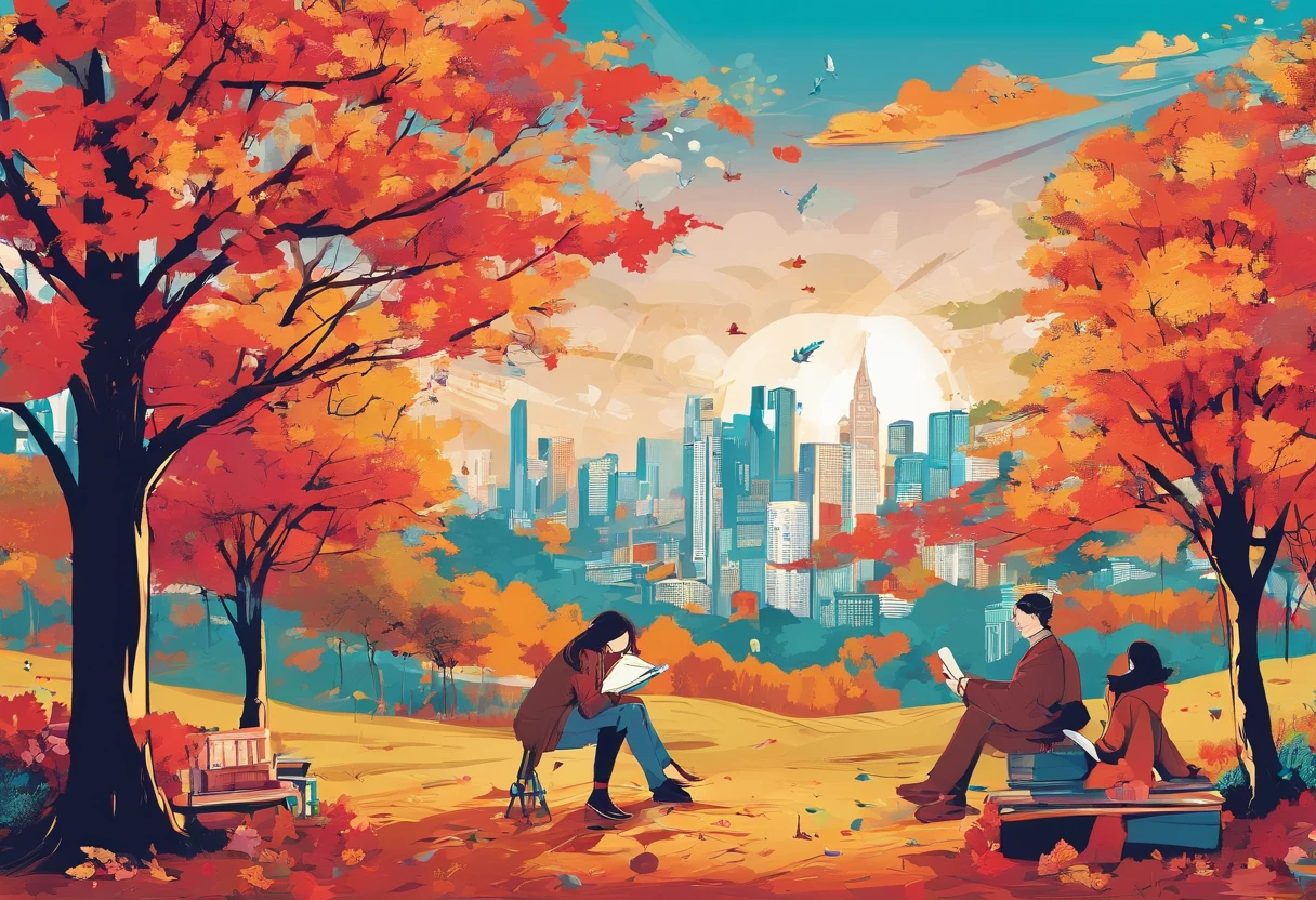 Canada、Colored leaves、Maples、A hill、Maple tree、leaves falling、1man and 1girl, 1adult stylish man and 1high school girl, Resting under a large maple tree、Autumn landscape、Autumn scene、Man is sitting on the grass field under a huge maple tree and reading the book, Woman sleeping on a man's lap pillow、blissful expression、Korean Drama、Tokkebi、Gong Yoo、Kim Goeun, a man dressed in stylish suit clothes, a woman wearing a long-sleeve sweater, pleats skirt, and Red Muffler、