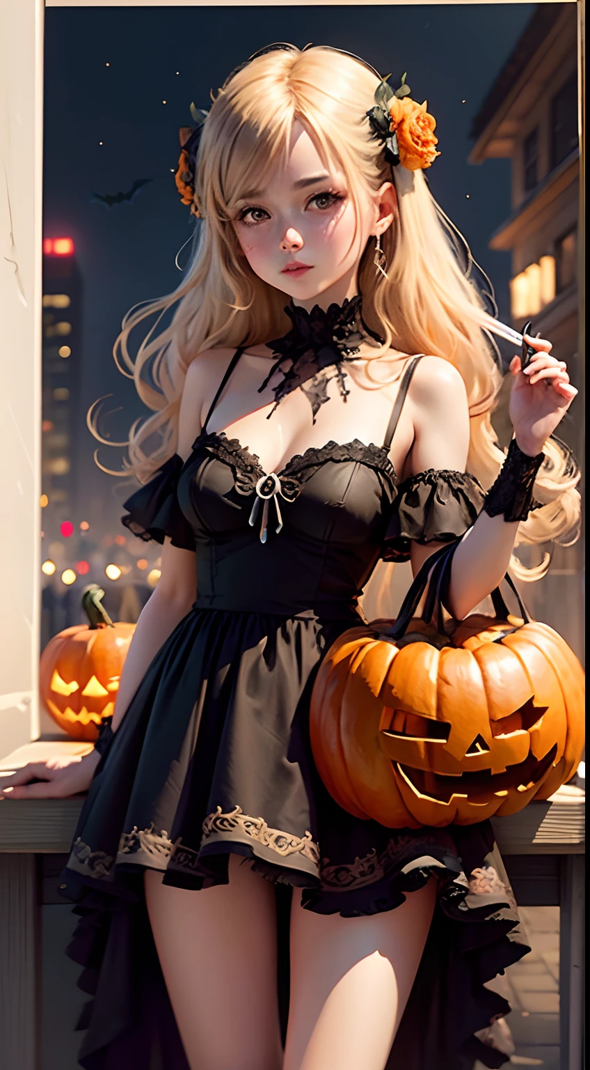(hight resolution、hiquality、masutepiece、masterpiece、hightquality)、独奏、17 age , cute little、japanes、1girl in, trick or treat, Halloween, jack-o-lanterns, Basket with lots of candy,a mystical halloween girl,halloween night,Haunted house themed,Gothic border background、(Halloween Costume:1.2), ((Medium short hair:1.25, Upstyle, Wavy Hair)), ((Highly detailed witch costumes:1.2, robe, Witch's Pointing Hat)), (Vampire costume:1.2), (Fantastic background), (in night:2), ((Ultra High Resolution, 8k RAW photo, photographrealistic:1.2)), Fine detailed face, Beautiful detailed eyes, Super detailed smooth skin, (Looking away, Laughing, Surprising), (Correct anatomy:1.5), (Dutch Angle, Wide Shot:1.3), Dynamic Angle,action、Random hair color、