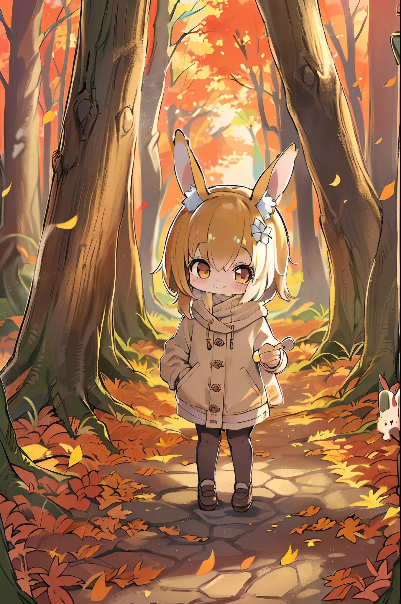 Beautiful Girl, (((((Small)))), face showing,, Short hair, brown, 8K, Professional Photography, Delicate, Clear, In the autumn forest, Sun, light  leaks, masutepiece, (Beautiful)))), Chibi, Smile, Fantastic, Rabbit ears, 年轻