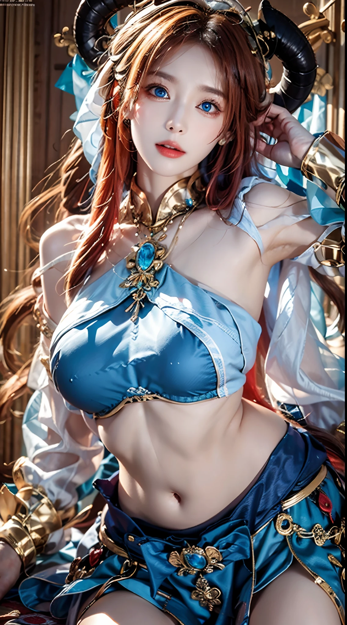 photorealistic, high resolution, soft lights, 1women, solo, hips up, look at viewer, (detailed face), blue eyes, (navel), (red long hair, twin tails, skirt, crop top, long sleeves)