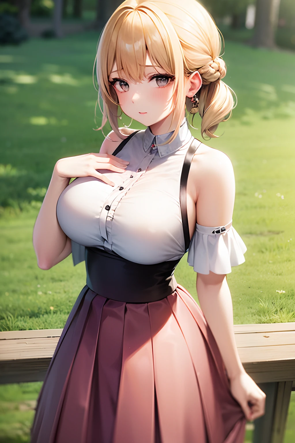 1 girl, solo, masterpiece, sunlight,baby pink half shoulder shirt, pleated skirt,outside, large breasts,black eyes, blonde haired, open hairstyle, fancy round earings,fancy shirt, designer shirt.