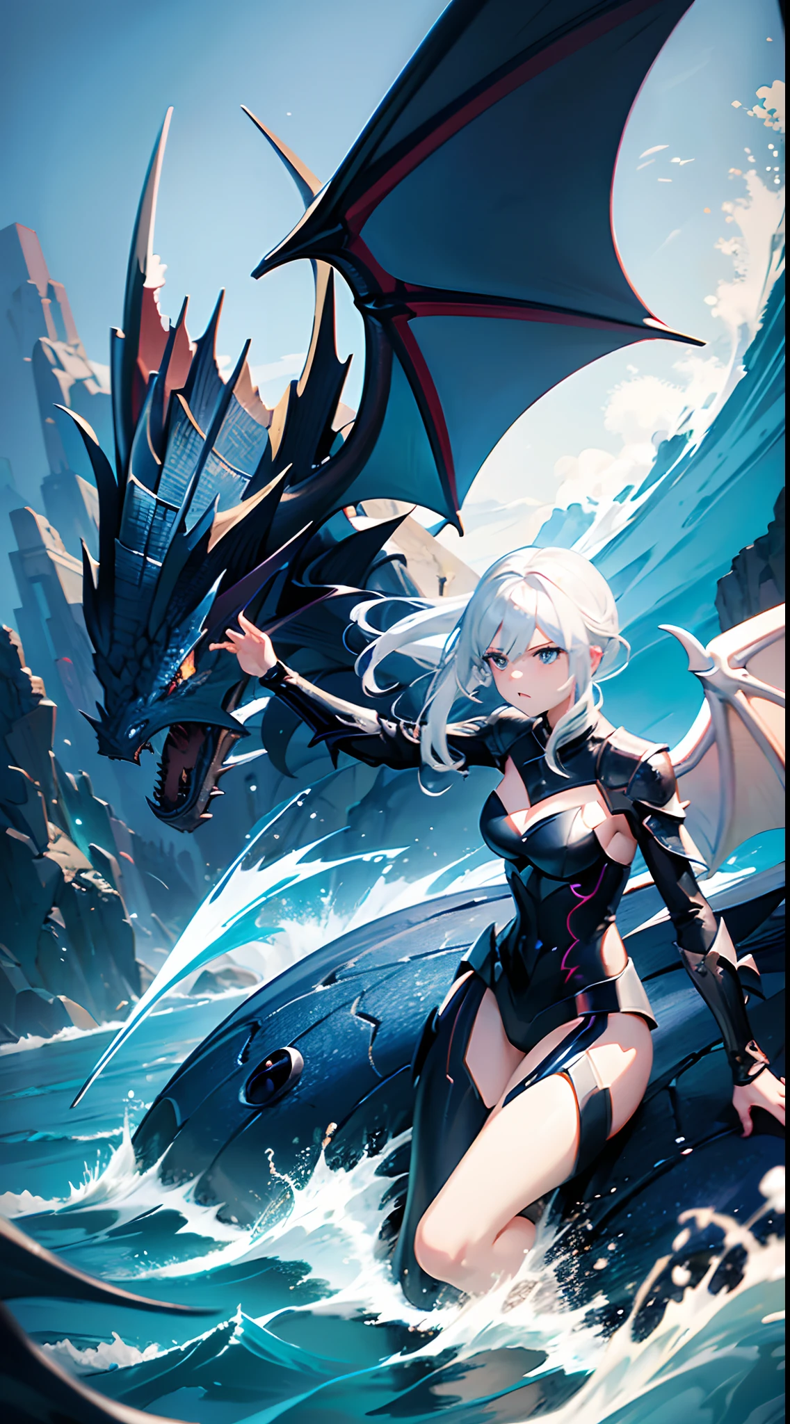 Dragon and girl batlle, sea background, (girl a dark knight, white hair, lightning blue element.) ,( drago, blue sea dragon, have four wings dragon, ) epic efect visual, ultra HD, Quality Colour so perfect.