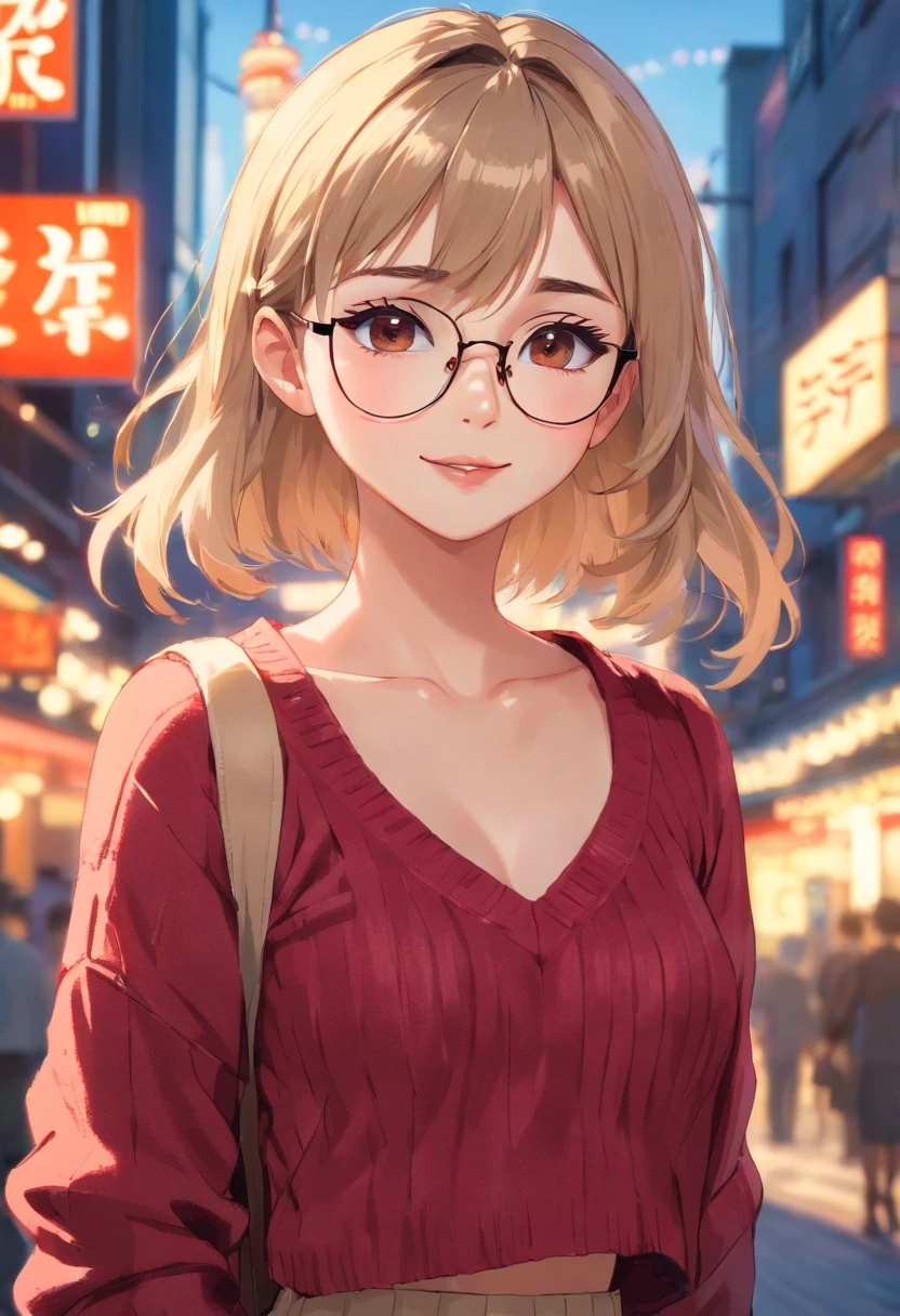 high resolution, Photo of a beautiful woman detailed_face, young handsome girl,realistic:0.5, perfect skin, (wearing a glasses:1.5), (ultra-detailed background, detailed background), bokeh, make happy expressions, happy emotion, gorgeous,pure, beautyfull detailed face and eyes,breasts, (black eyes:1.1), (Audrey Hepburn:1.3), (a extremely pretty and beautiful Japanese woman), (sexy girl), (professional attire:1.3), (22 years old: 1.1), BREAK, (red rib sweater:1.2, long sleeve:1.2), (beige Pleated skirt:1.2), (leather boots))), cleavage, beautiful detailed skin, (cute:1.2), (blonde hair), ((jpop idol)), (upper thigh:0.6), (depth of field),soft light, Lens Glow looking at viewer, (Drooping eyes:1.2), straight teeth,smile, floating hair, (blond hair:1.2), brown eyes BREAK movie scene, cinematic, full colors, 4k, 8k, 16k, RAW photo, masterpiece, professionally color graded, professional photography, high school girl, hair up, , soft clean focus, realistic lighting and shading, (an extremely delicate and beautiful art)1.3, elegant,active angle,dynamism pose BREAK (ponytail:1.3), (shiny-black thin hair:1.2), bangs, dark brown eyes, beautiful eyes, princess eyes, (big eyes:1.3), bangs, wearing a glasses:1.3, Hair between eyes, short hair:1.3, (slender:1.1), (medium-breasts:0.95), (thin waist: 1.15), (detailed beautiful girl: 1.4), Parted lips, Red lips, full-make-up face, (shiny skin), ((Perfect Female Body)), (upper body image:1.3), Perfect Anatomy, Perfect Proportions, (most beautiful Korean actress face:1.3, extremely cute and beautiful Japanese actress face:1.3), ,(1glasses girl:1.3, solo), ,(blush:1.1), gray background, solo focus, (bust shot:1.2), cinematic light, (nostalgic night scene:1.4), (amusement park:1.4), the vibrant glow of neon lights, retro-styled carnival rides, (arms behind back :1.4), (looking at viewer:1.2