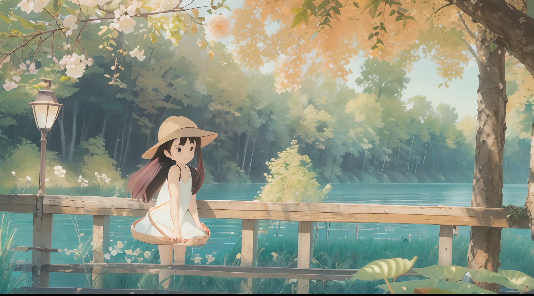 (Studio Ghibli style 1.3)(Ghiblido color tone 1.3)A -yeld giBy the lake in the forest,Little squirrels are by your side,flower sea,having picnic,There are vegetables,water melon,morango,Bananas,apples,oranges,Extreme light and shadow,Aurora chase,Extreme ambient light,The ultimate lake reflection,heal,bright sun,(and its delicate facial features1.3)(and its delicate eyes1.3)(Ultra-wide angle shooting1.2)tmasterpiece,Cinematic lighting effects