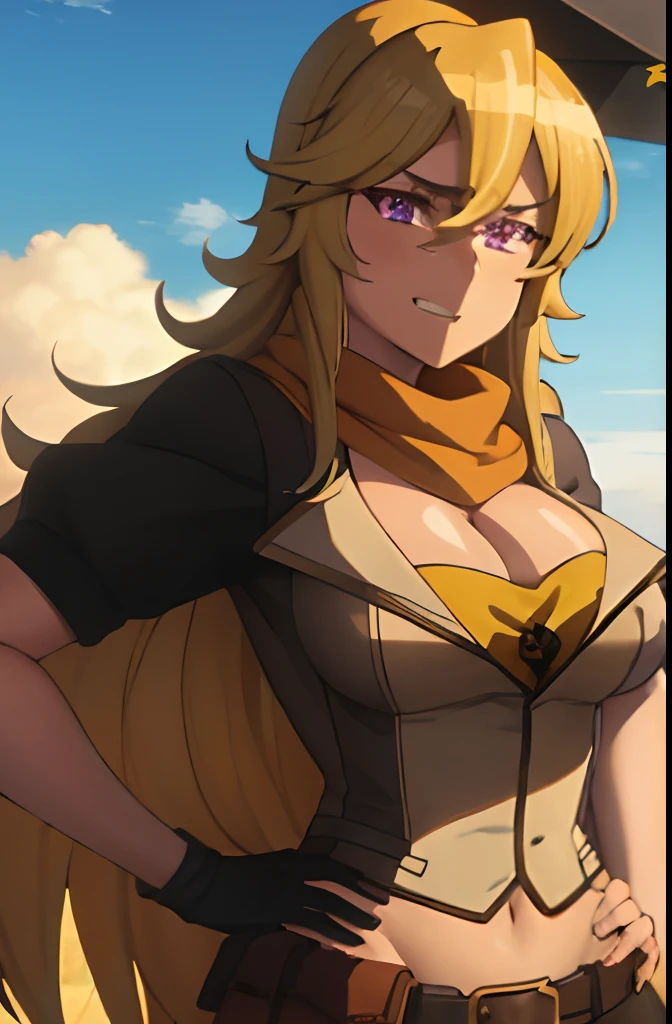 (masterpiece, best quality:1.2), cowboy shot, solo, 1girl, ((((yang xiao long 1.2)))), grin, hand on hip, ahoge, purple eyes, brown jacket, yellow tube top, black shorts, black fingerless gloves, orange scarf, waist cape, midriff, cleavage, large breasts, beautiful eyes, highly detailed eyes,(((8k))),anime screencap, highschoolofthedead