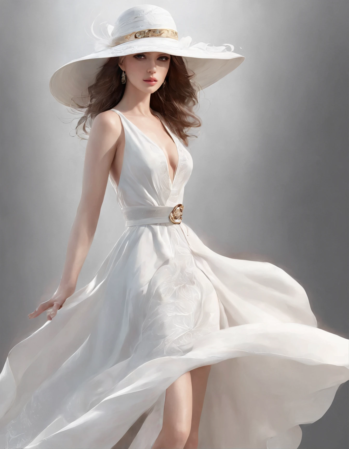 There was a woman wearing a white hat and a white dress., Elegant digital painting, Spectacular digital painting, Guviz-style artwork, Wind jerky painting, Beautiful digital painting, Digital drawing style, Beautiful digital painting, In Bowater's art style, High-quality digital paintings, beautiful character painting, Digital drawing style, Digital drawing style
