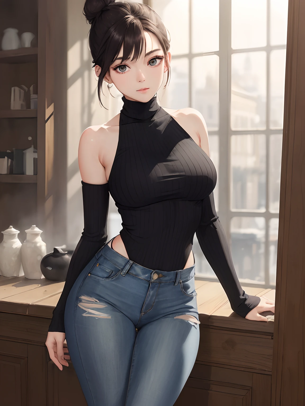 (((Masterpiece))),(Top Quality:1.5), 4K, 8K,(Ultra Detail:1.3),(High Resolution),(Beautiful Detail Face:1.3),(Eye Highlight),(1 Woman),( Middle Breasts ), (Hair Bun | Twisted Hair), (Loose Jeans), (Revealing Black Turtleneck), Curves, Beholder, Revealing Breeasts, Cafe, Full Body, From Under, (Perfect Body: 1.2), (Beautiful Detail Eyes: 1.2), Soft Light, Warm Light, Delicate Light,slender,Beautiful Girl,(perfect eyes),((blurry))