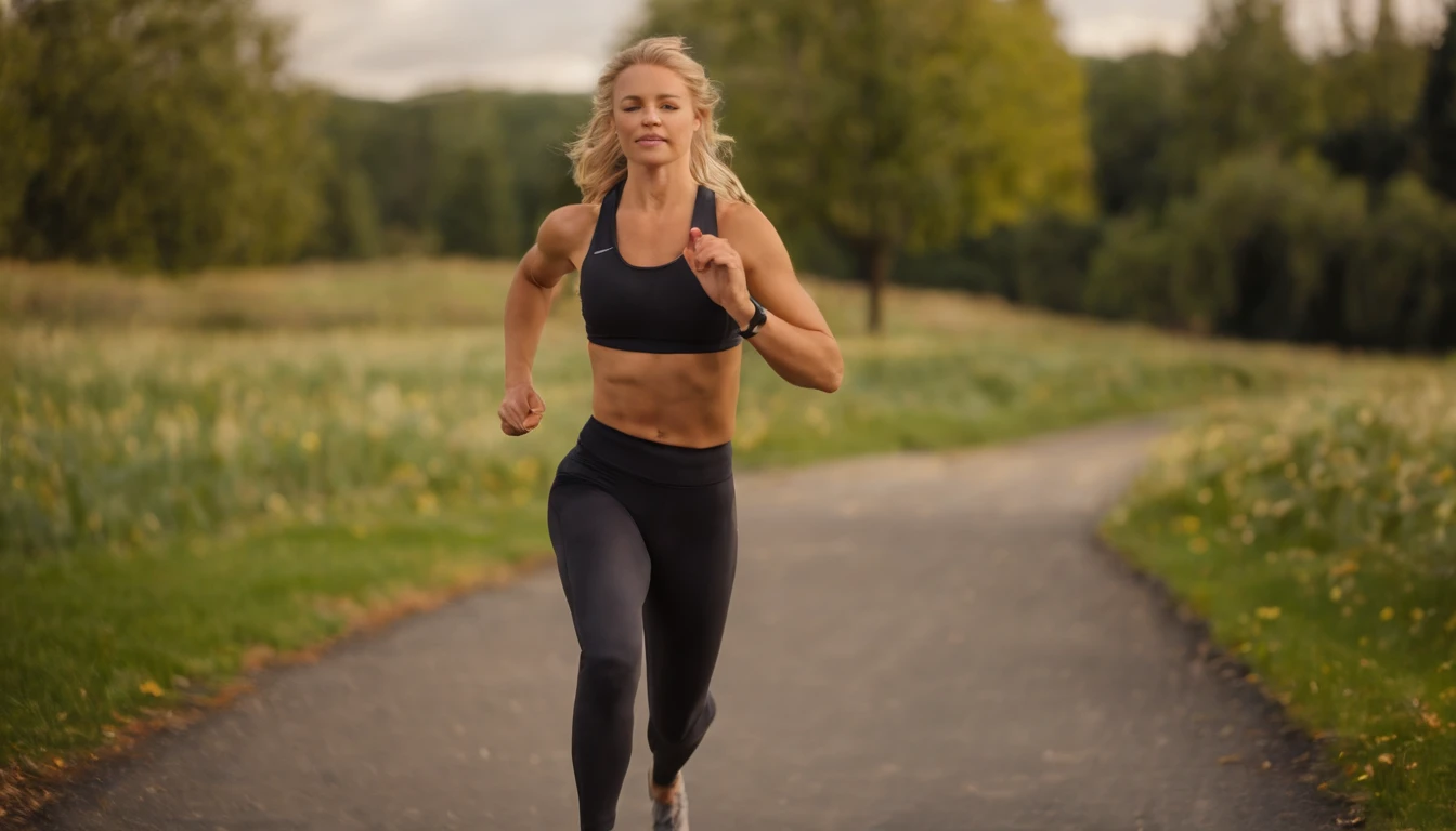 Blonde hair girl jogging in park, in a yoga pants, relistic image