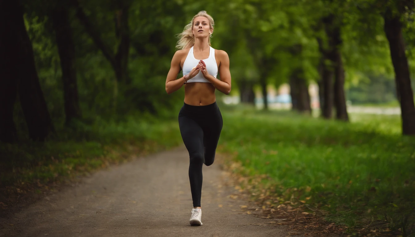 Blonde hair girl jogging in park, in a yoga pants, relistic image