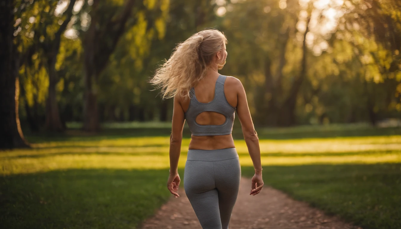 Blonde hair girl jogging in park, in a yoga pants, relistic image