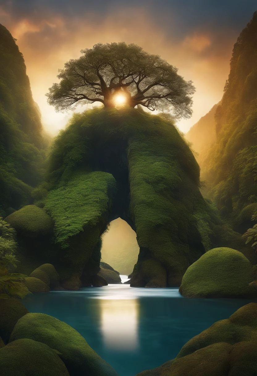 Arbomorph A hug of muLher and man turns into a mountain and a river, with roots as legs, branches like arms, aLgumas foLhas voam em um fundo branco