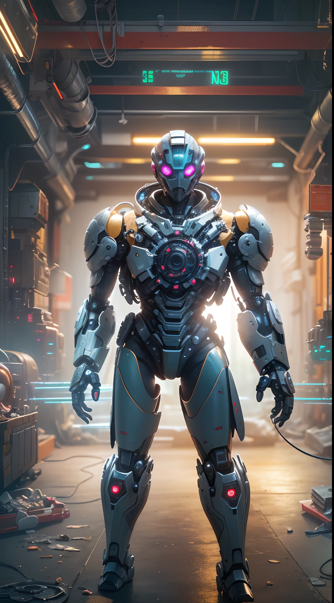 (Best quality,4K,8K,A high resolution,Masterpiece:1.2),Ultra-detailed,(Realistic,Photorealistic,photo-realistic:1.37),robot,(((Wearing a glass mask))),((The face is completely covered)),Shiny metal skin,Mechanical body parts,Mechanical gears and gears, [Meticulous, Surgical precision],Cyberpunk style background,Science fiction art style,Vibrant colors,High-res,Ultra-detailed,Realistic lighting effects,Bokeh.