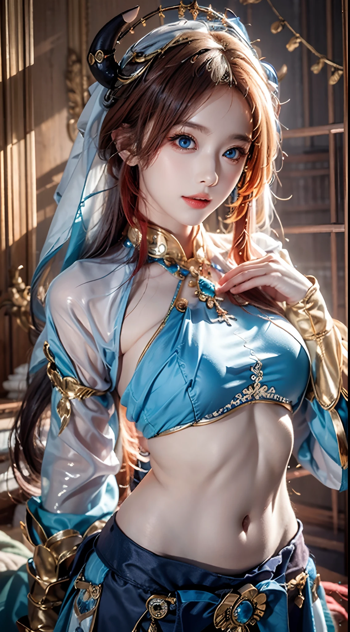 photorealistic, high resolution, soft lights, 1women, solo, hips up, look at viewer, (detailed face), blue eyes, (navel), (red long hair, twin tails, skirt, crop top, long sleeves)