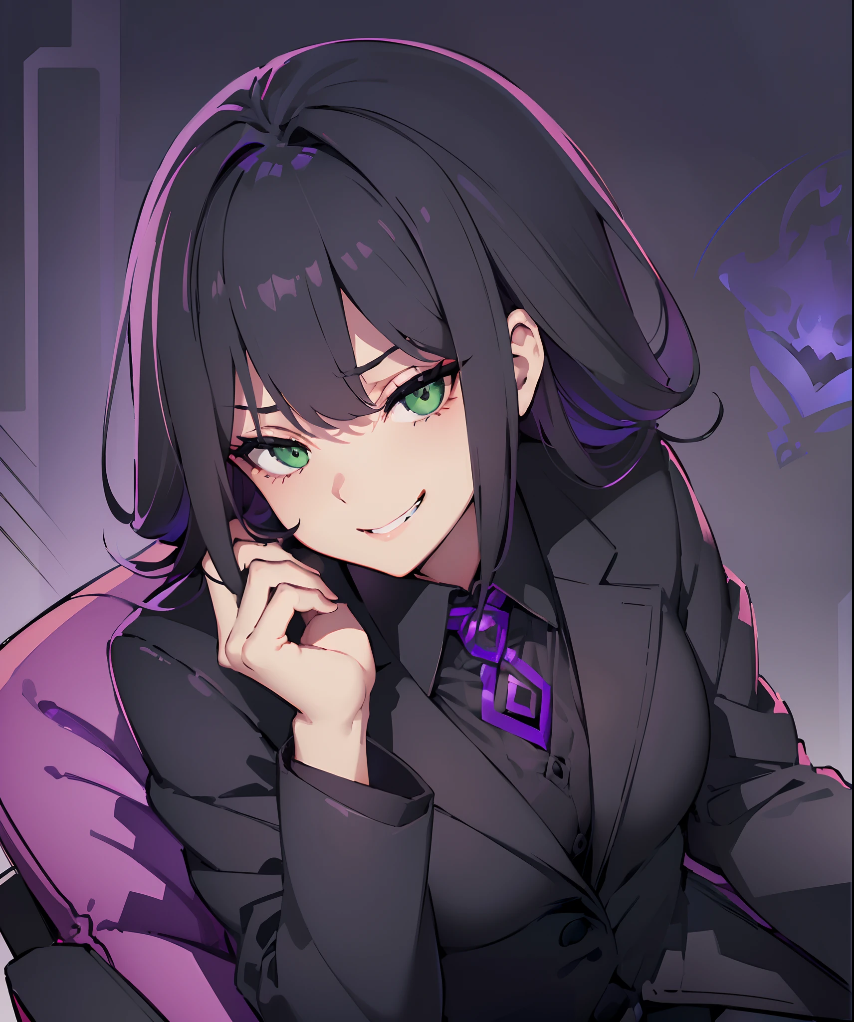 (((cheeky looking buisness woman with a devious grin, wearing a black formal buisness suit, black dyed hair, green eyes, small bust, making a smug and haughty expression, sitting in a large comfy office chair, dark atmosphere, dim purple pink lighting, office environment, high quality, smooth fair skin, closeup shot, head resting on her palm, soft lines)))