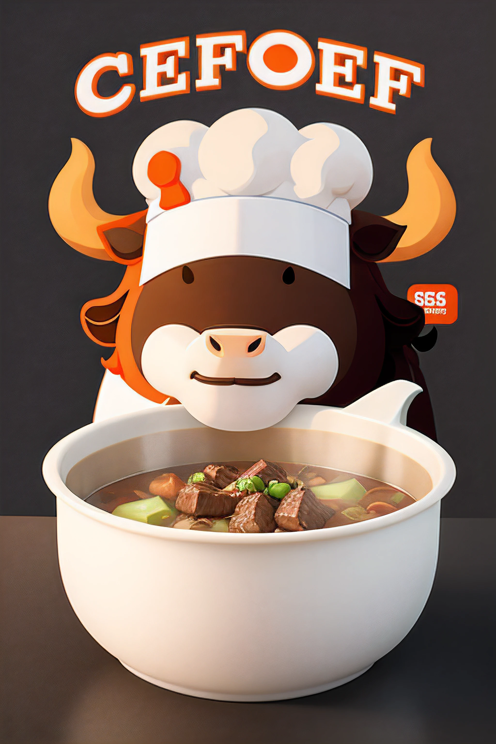 chef cow beef soup, logo, mascot design, high quality