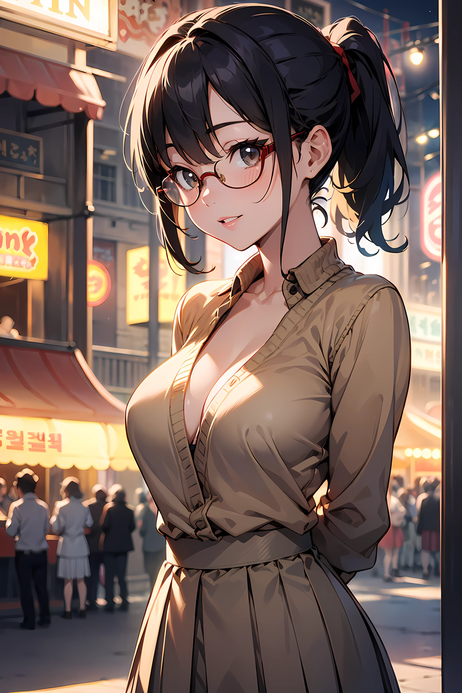 high resolution, Photo of a beautiful woman detailed_face, young handsome girl,realistic:0.5, perfect skin, (wearing a glasses:1.5), (ultra-detailed background, detailed background), bokeh, make happy expressions, happy emotion, gorgeous,pure, beautyfull detailed face and eyes,breasts, (black eyes:1.1), (Audrey Hepburn:1.3), (a extremely pretty and beautiful Japanese woman), (sexy girl), (professional attire:1.3), (22 years old: 1.1), BREAK, (red rib sweater:1.2, long sleeve:1.2), (beige Pleated skirt:1.2), (leather boots))), cleavage, beautiful detailed skin, (cute:1.2), (blonde hair), ((jpop idol)), (upper thigh:0.6), (depth of field),soft light, Lens Glow looking at viewer, (Drooping eyes:1.2), straight teeth,smile, floating hair, (blond hair:1.2), brown eyes BREAK movie scene, cinematic, full colors, 4k, 8k, 16k, RAW photo, masterpiece, professionally color graded, professional photography, high school girl, hair up, , soft clean focus, realistic lighting and shading, (an extremely delicate and beautiful art)1.3, elegant,active angle,dynamism pose BREAK (ponytail:1.3), (shiny-black thin hair:1.2), bangs, dark brown eyes, beautiful eyes, princess eyes, (big eyes:1.3), bangs, wearing a glasses:1.3, Hair between eyes, short hair:1.3, (slender:1.1), (medium-breasts:0.95), (thin waist: 1.15), (detailed beautiful girl: 1.4), Parted lips, Red lips, full-make-up face, (shiny skin), ((Perfect Female Body)), (upper body image:1.3), Perfect Anatomy, Perfect Proportions, (most beautiful Korean actress face:1.3, extremely cute and beautiful Japanese actress face:1.3), ,(1glasses girl:1.3, solo), ,(blush:1.1), gray background, solo focus, (bust shot:1.2), cinematic light, (nostalgic night scene:1.4), (amusement park:1.4), the vibrant glow of neon lights, retro-styled carnival rides, (arms behind back :1.4), (looking at viewer:1.2