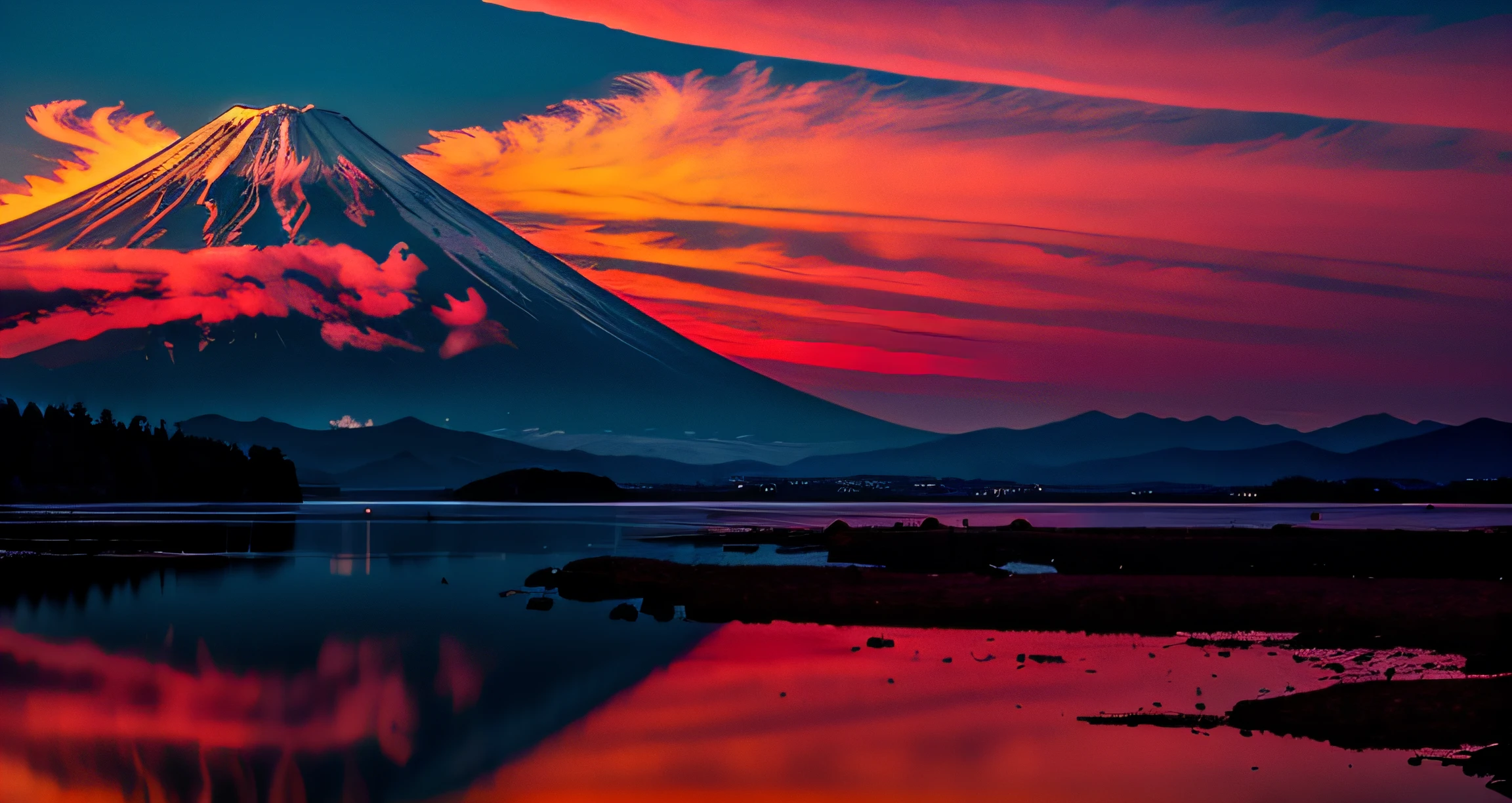 RAW photos of Mt. Fuji, delicately beautiful photorealistic, detail, photorealistic, ultra-realistic photos, 8k UHD, DSLR, (dazzling sun,)))) high quality, film grain, FUJIFILM XT3, (masterpiece), majestic Mt. Oyama, reflection on the surface of the lake, red Fuji, ((Red cloud)))), red sky, flowing clouds, ((Red clouds))))), old lens, (backlit,)))) APS-C, prime lens, sensor size: 1.5