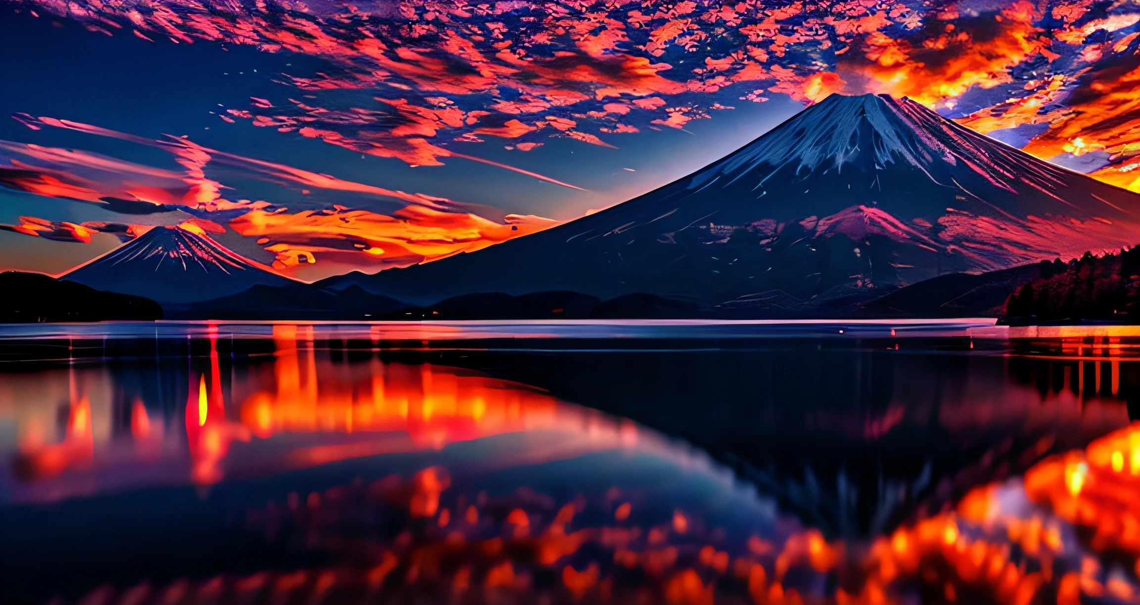 RAW photos of Mt. Fuji, delicately beautiful photorealistic, detail, photorealistic, ultra-realistic photos, 8k UHD, DSLR, (dazzling sun,)))) high quality, film grain, FUJIFILM XT3, (masterpiece), majestic Mt. Oyama, reflection on the surface of the lake, red Fuji, ((Red cloud)))), red sky, flowing clouds, ((Red clouds))))), old lens, (backlit,)))) APS-C, prime lens, sensor size: 1.5