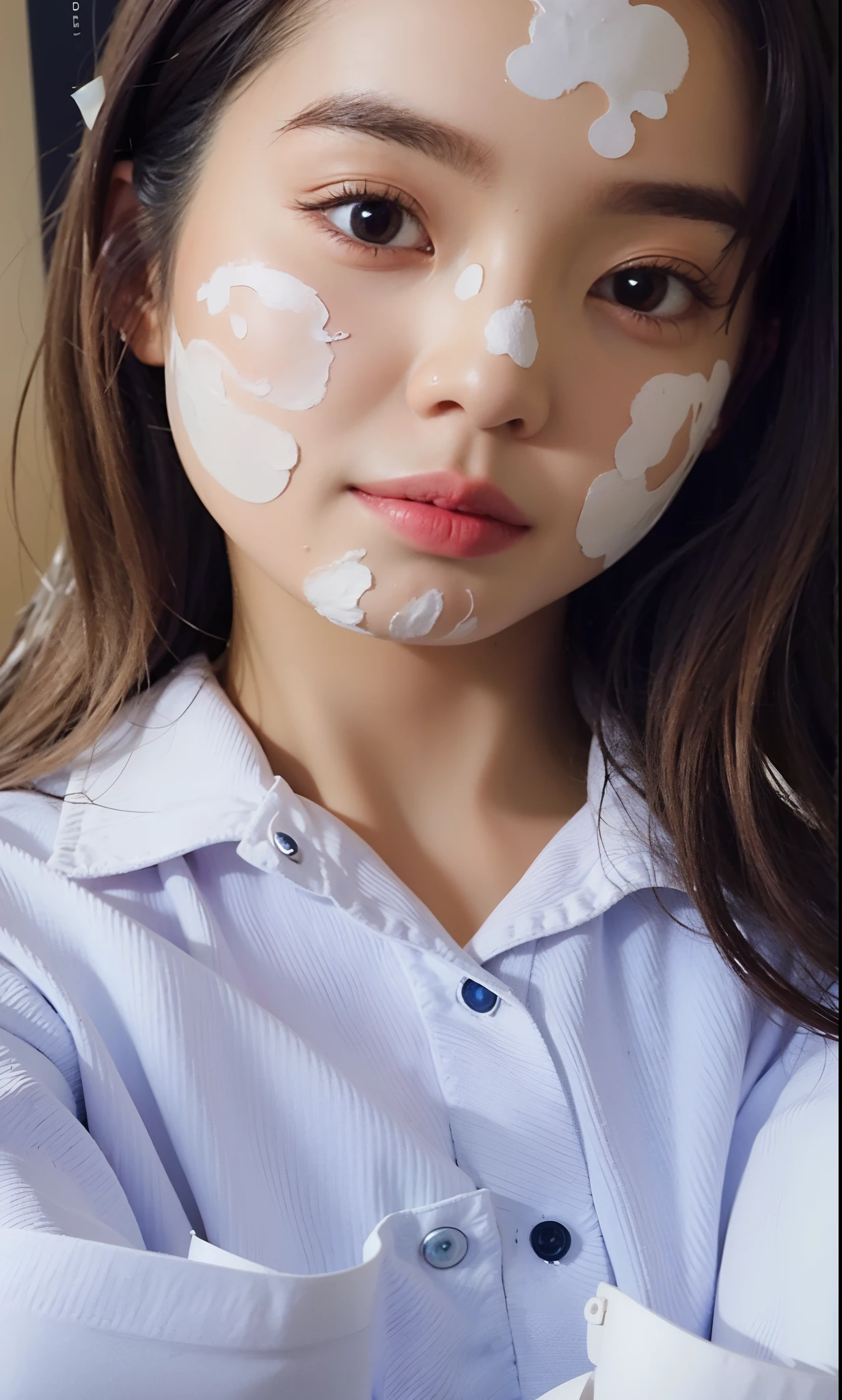 there is a woman with a face mask on posing for a picture, markings on her face, a plaster on her cheek, her face is coated in a white, her face is coated in a whitish, blank expression on her face, big round nose closed lips, cute bandaid on nose!!, white face makeup, scars on face, scar on face