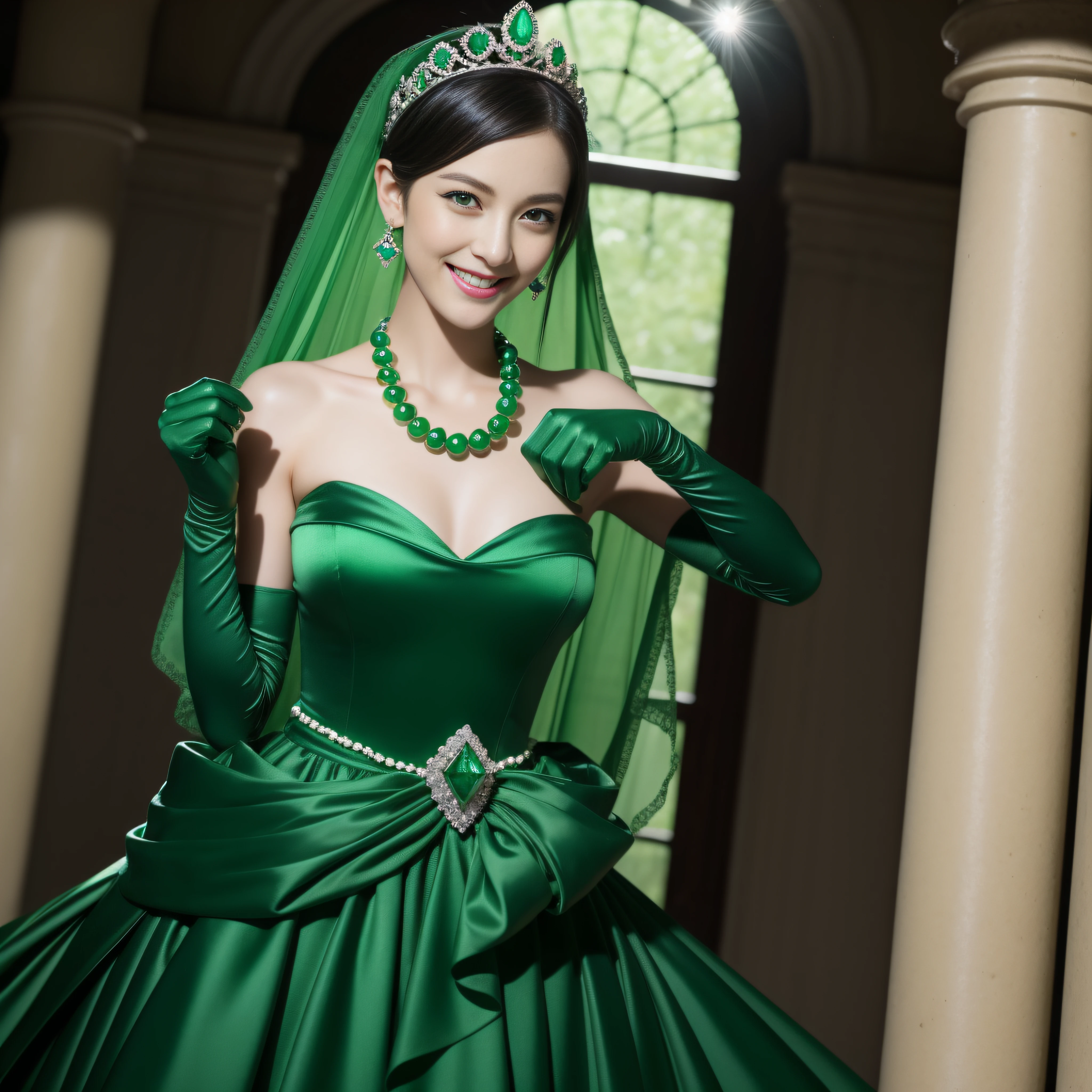 emerald tiara, Green Pearl Necklace, Boyish very short black hair, lipsticks, Japan woman smiling, very short short hair, big breasts beautiful, Green eyes, Long green gloves made of satin material, Green eyes, Emerald Earrings