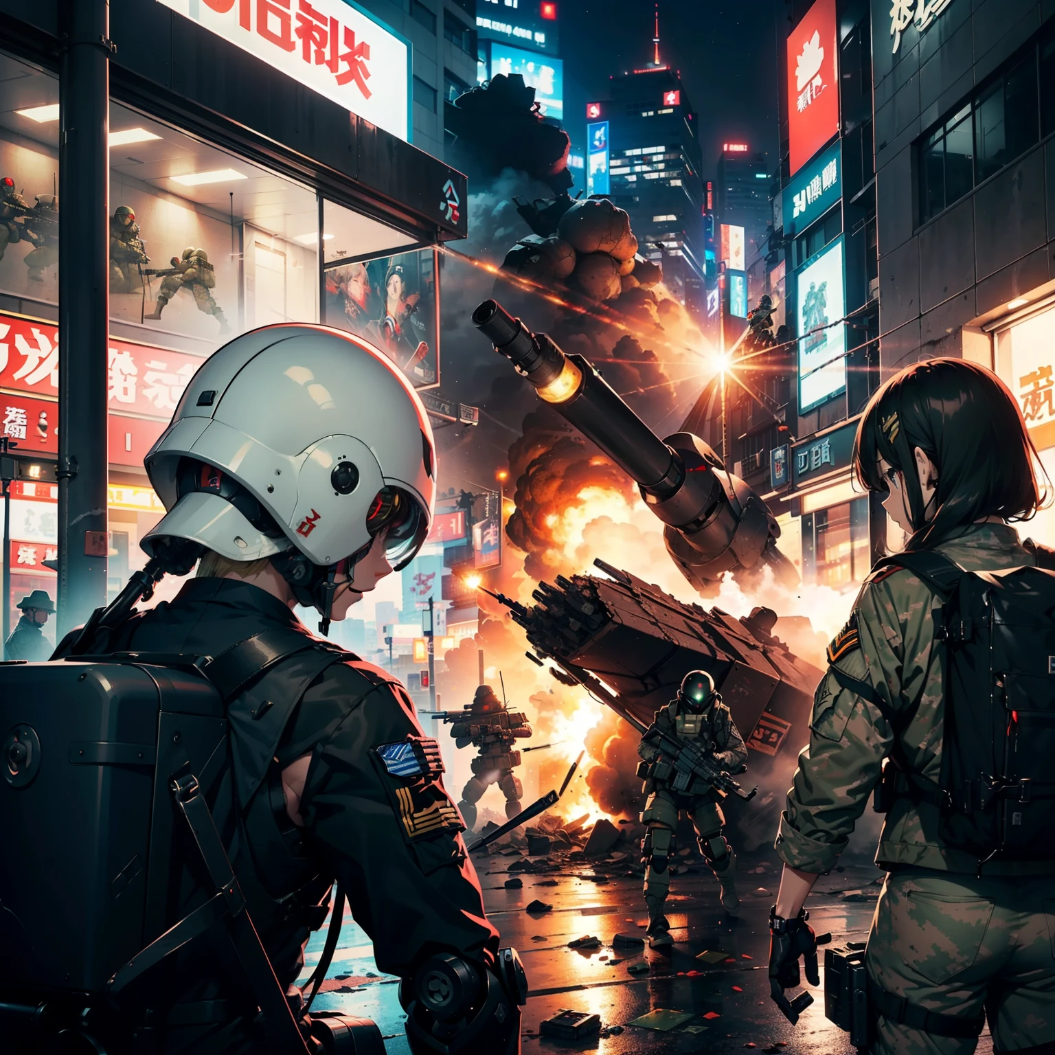 (Anti-tank rifles),(Destroy military robots with sniping:1.4)、(1 Girl Soldier)、(Black combat uniform)、(platinum-blonde-hair:1.2)、Have multiple weapons、rubble、((超A high resolution))、Detail Write、​masterpiece、top-quality、extremely details CG、8K picture quality、Cinematographic lighting、lensflare、(Night combat)、((Shinjuku at night where special forces fight))、Sniping from inside the building、Hyper-detailing、The wreckage of military robots、cowboy  shot:1.4