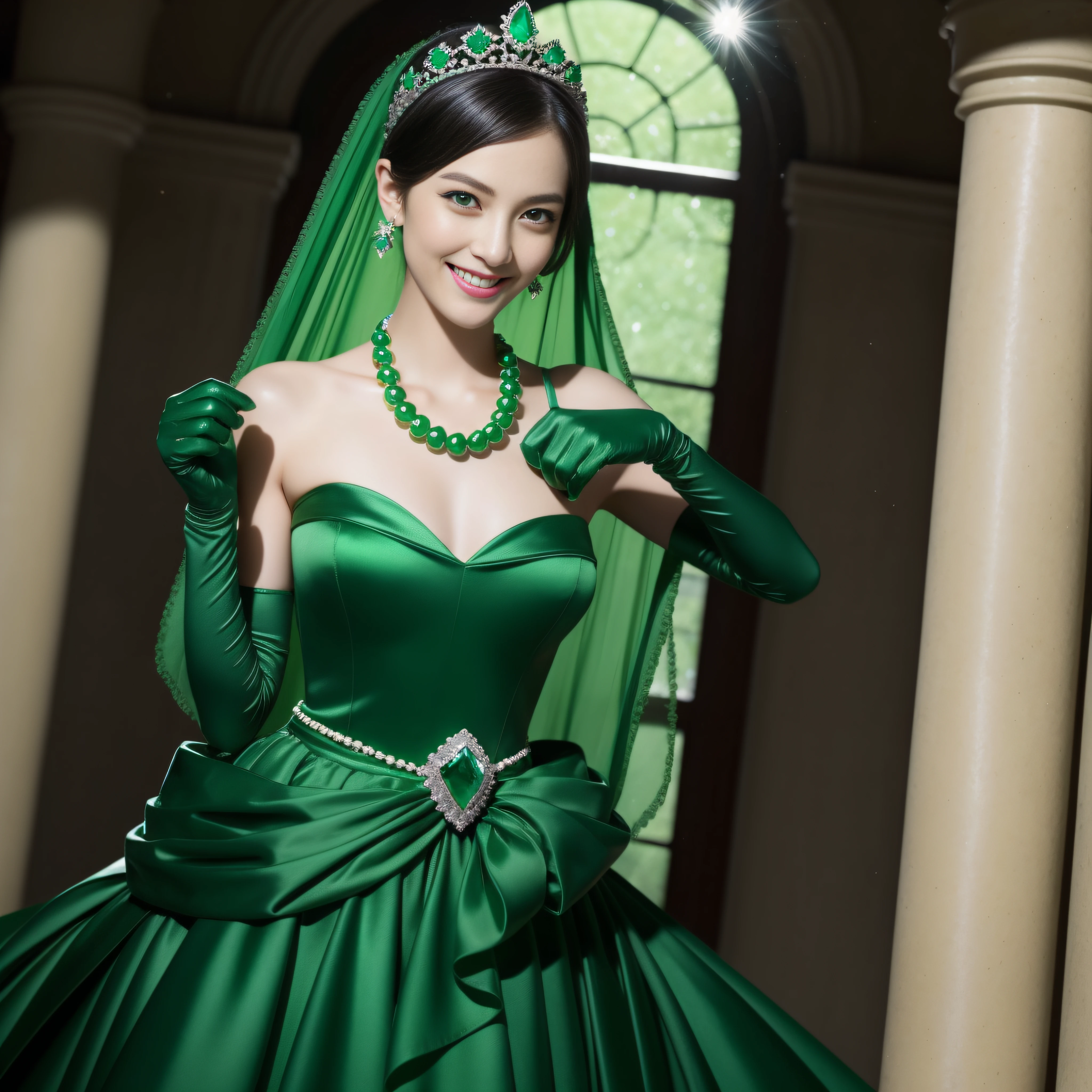 emerald tiara, Green Pearl Necklace, Boyish very short black hair, lipsticks, Japan woman smiling, very short short hair, big breasts beautiful, Green eyes, Long green gloves made of satin material, Green eyes, Emerald Earrings